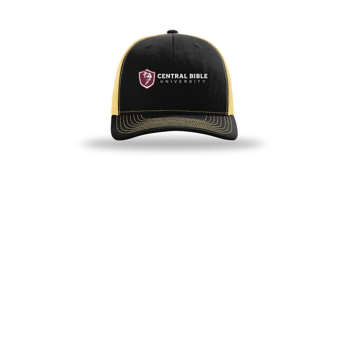 centralbible-richardson-trucker-cap-embroidery-capfront-R112-blackvegasgold-flat-front