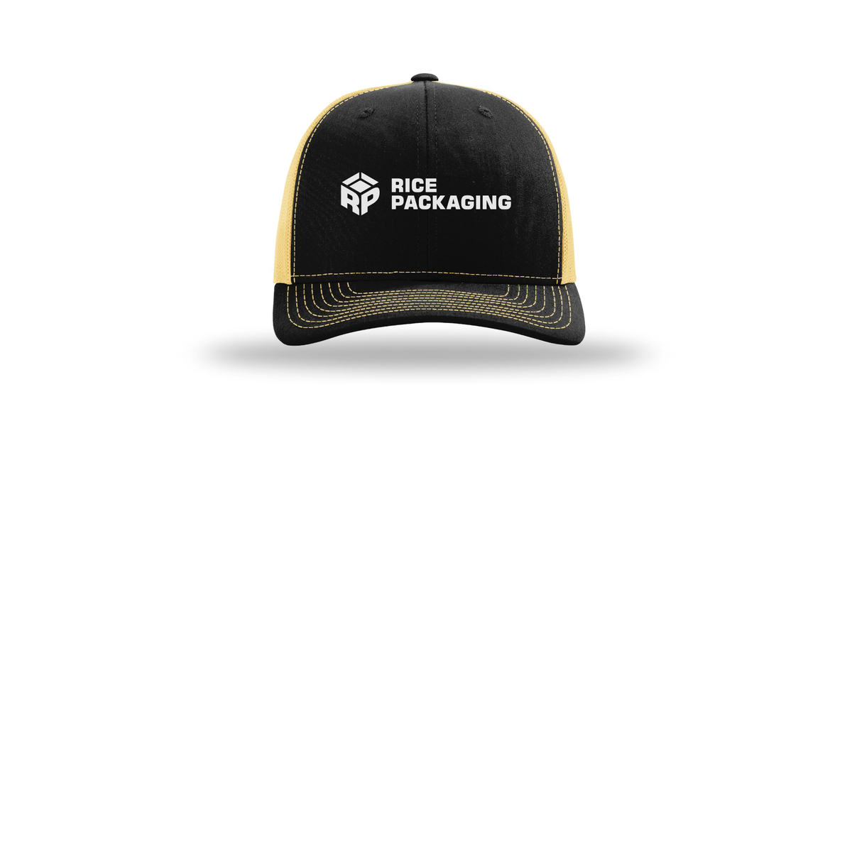 ricepackaging-richardson-trucker-cap-embroidery-capfront-R112-blackvegasgold-flat-front