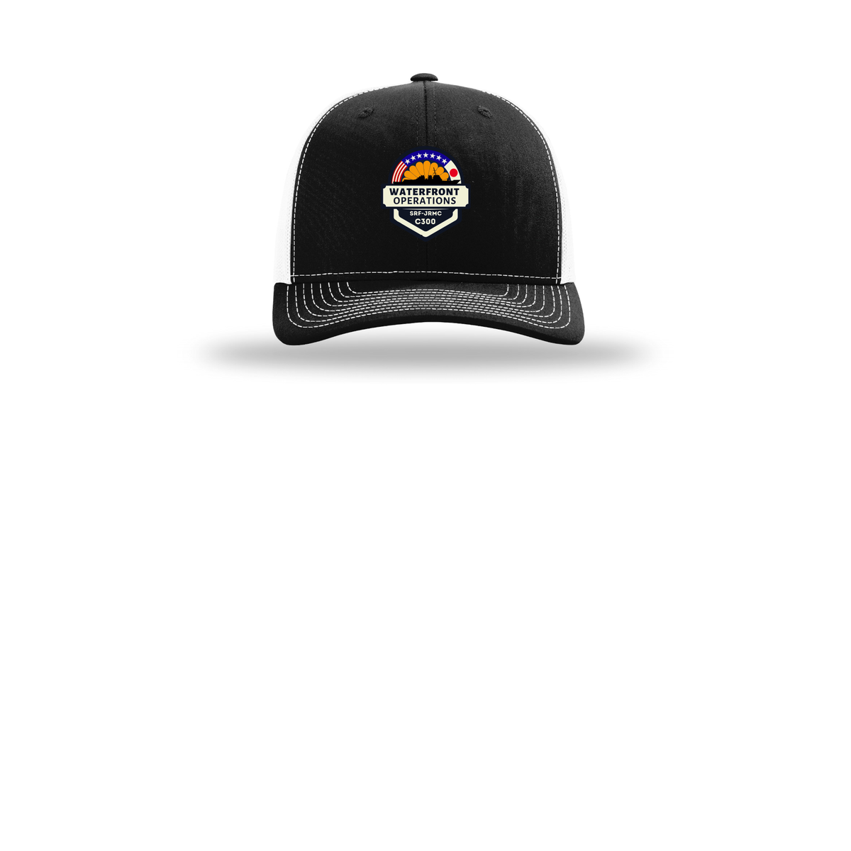 waterfront-operations-retro-trucker-cap-embroidery-capfront-R112-blackwhite-flat-front