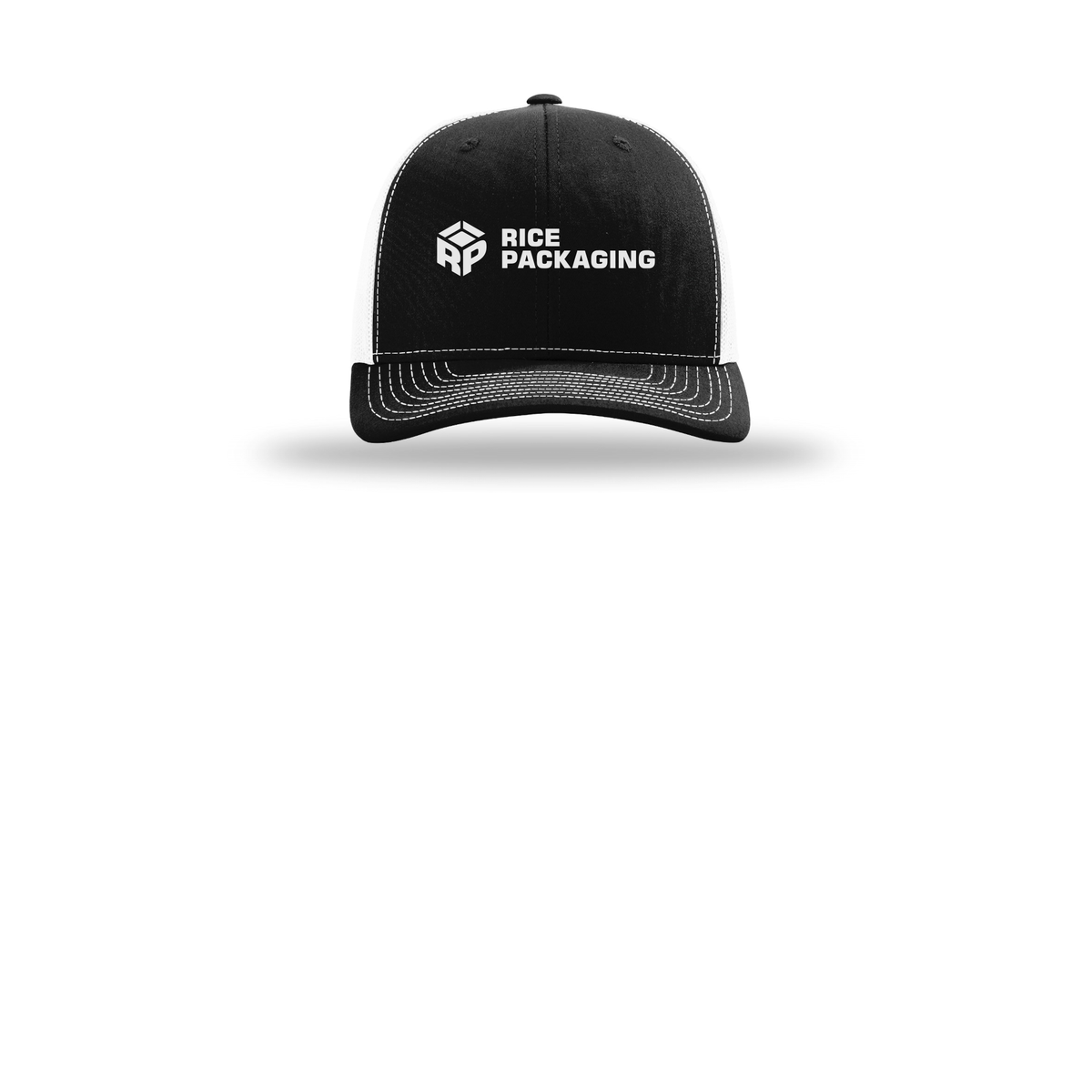 ricepackaging-richardson-trucker-cap-embroidery-capfront-R112-blackwhite-flat-front