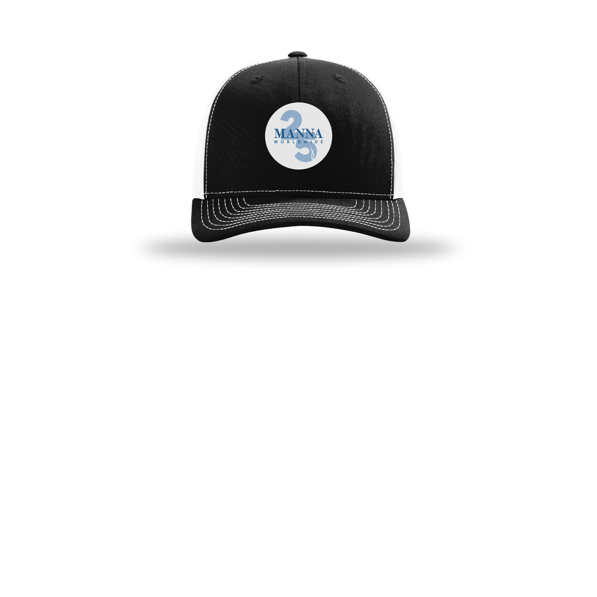 mannaworldwide-richardson-trucker-cap-embroidery-capfront-R112-blackwhite-flat-front