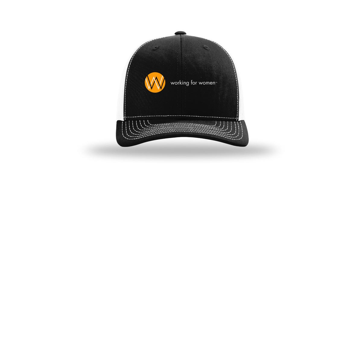 workingforwomen-richardson-trucker-cap-embroidery-capfront-R112-blackwhite-flat-front