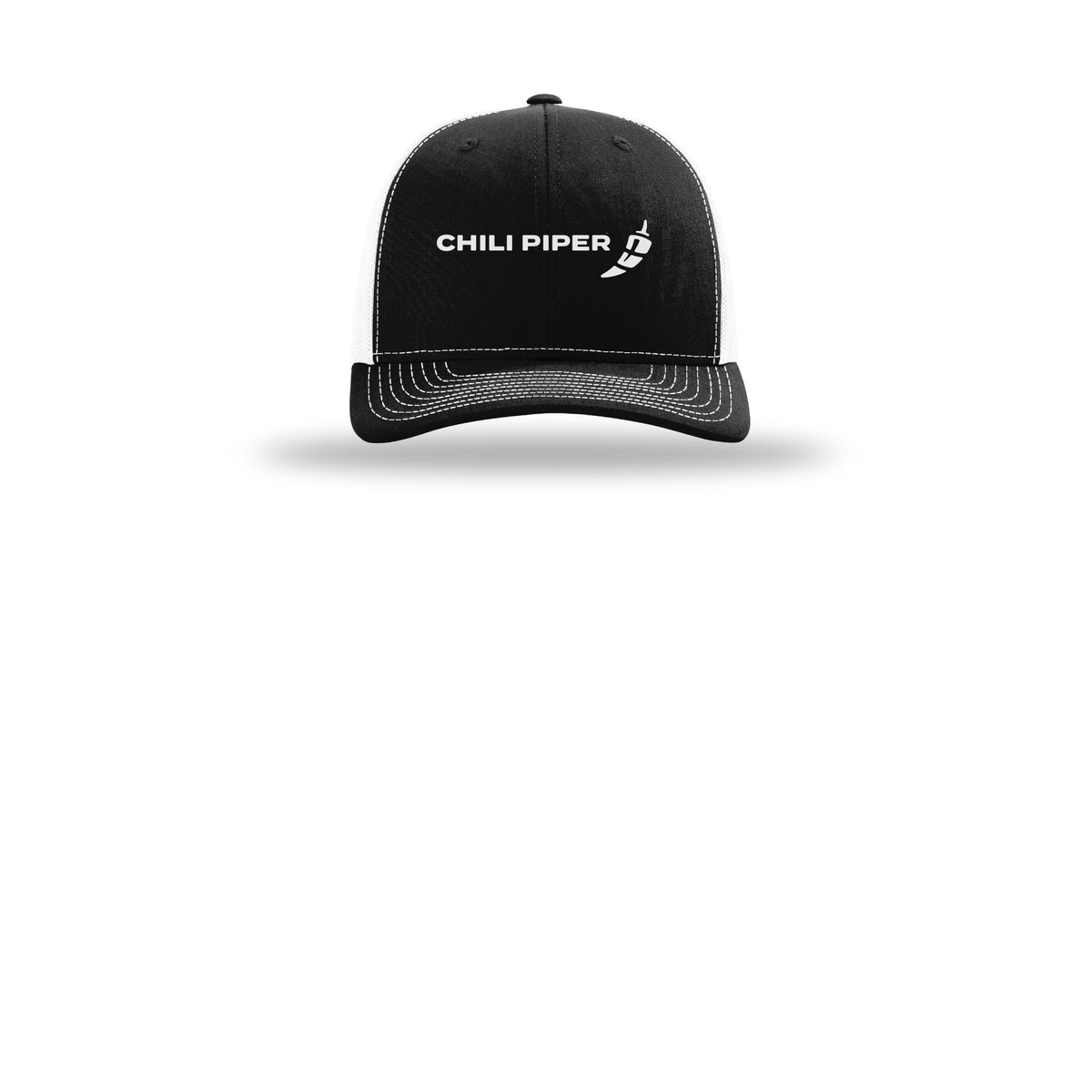 chilipiper-richardson-trucker-cap-embroidery-capfront-R112-blackwhite-flat-front