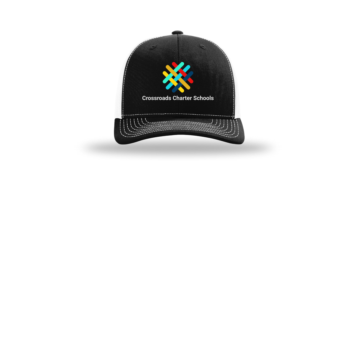 crossroadsschoolskc-richardson-trucker-cap-embroidery-capfront-R112-blackwhite-flat-front