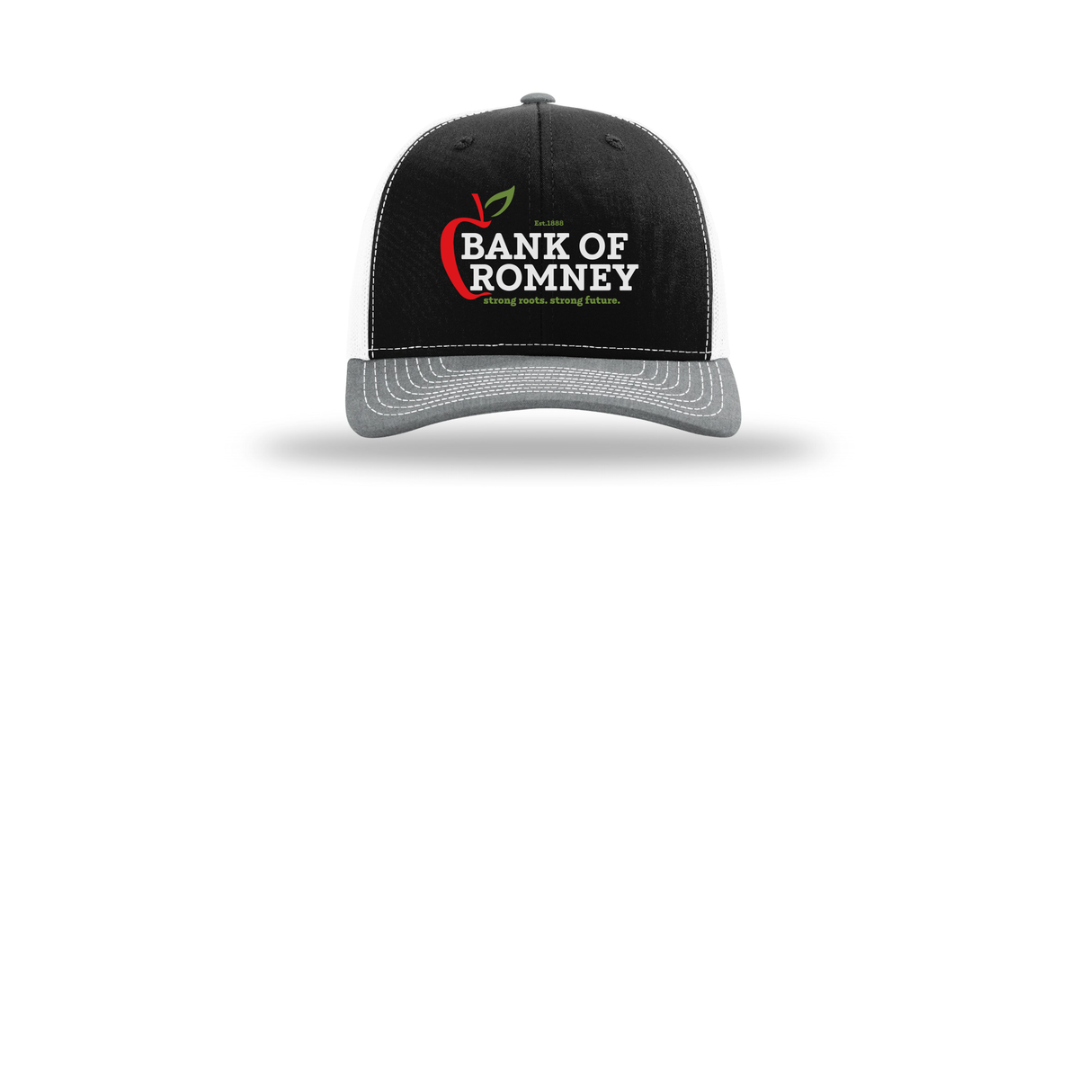 bankofromney-richardson-trucker-cap-embroidery-capfront-R112-blackwhiteheathergrey-flat-front