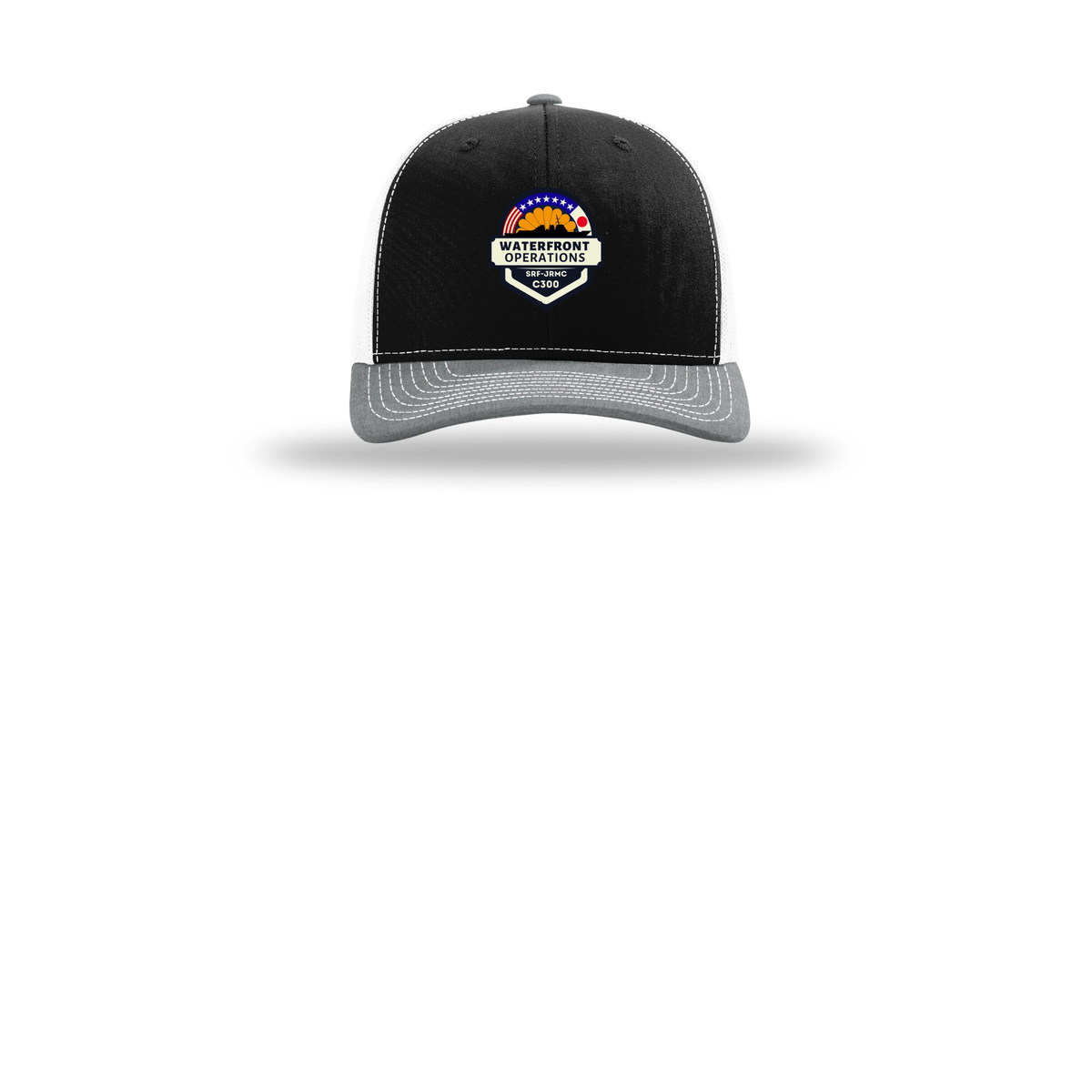 waterfront-operations-retro-trucker-cap-embroidery-capfront-R112-blackwhiteheathergrey-flat-front