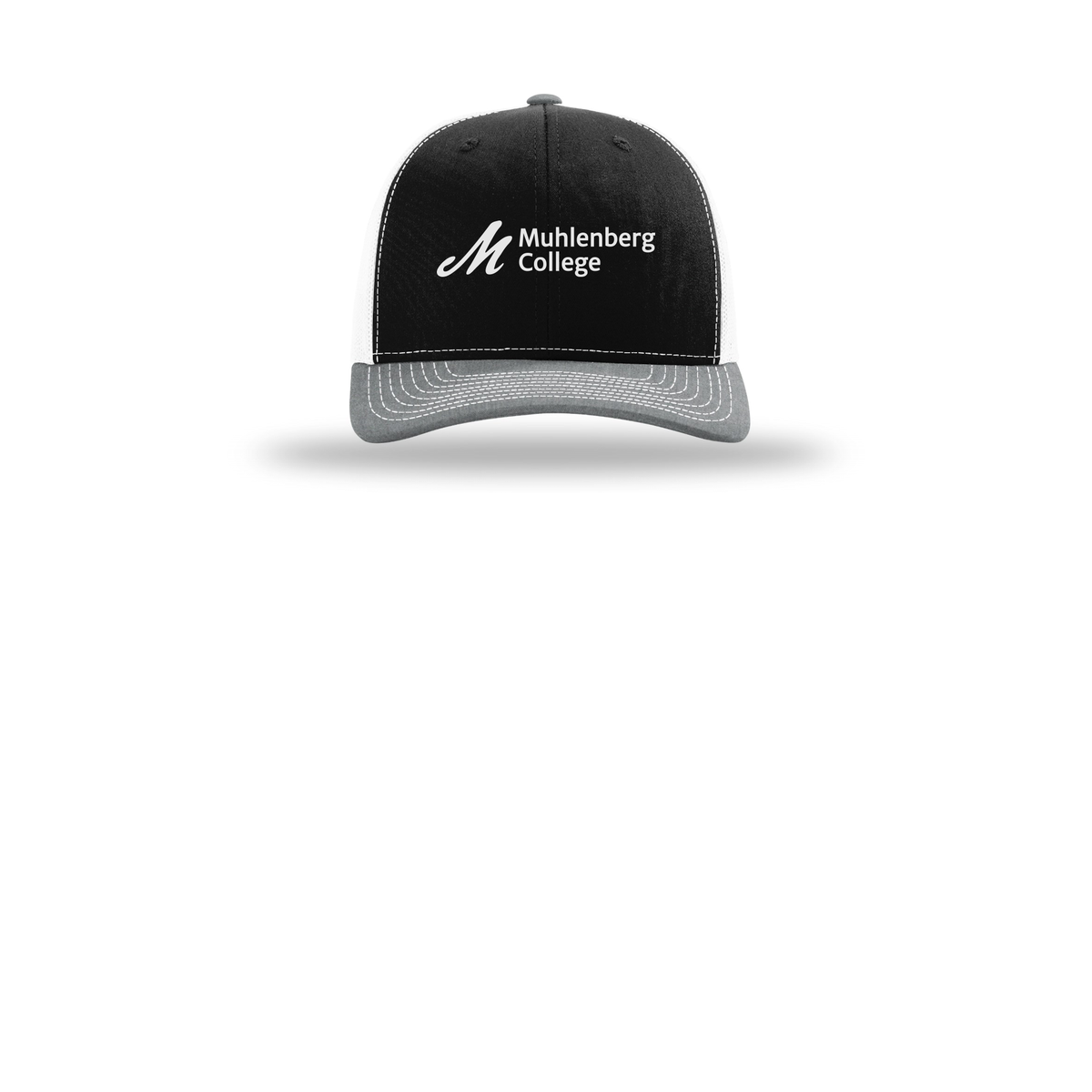 muhlenberg-richardson-trucker-cap-embroidery-capfront-R112-blackwhiteheathergrey-flat-front
