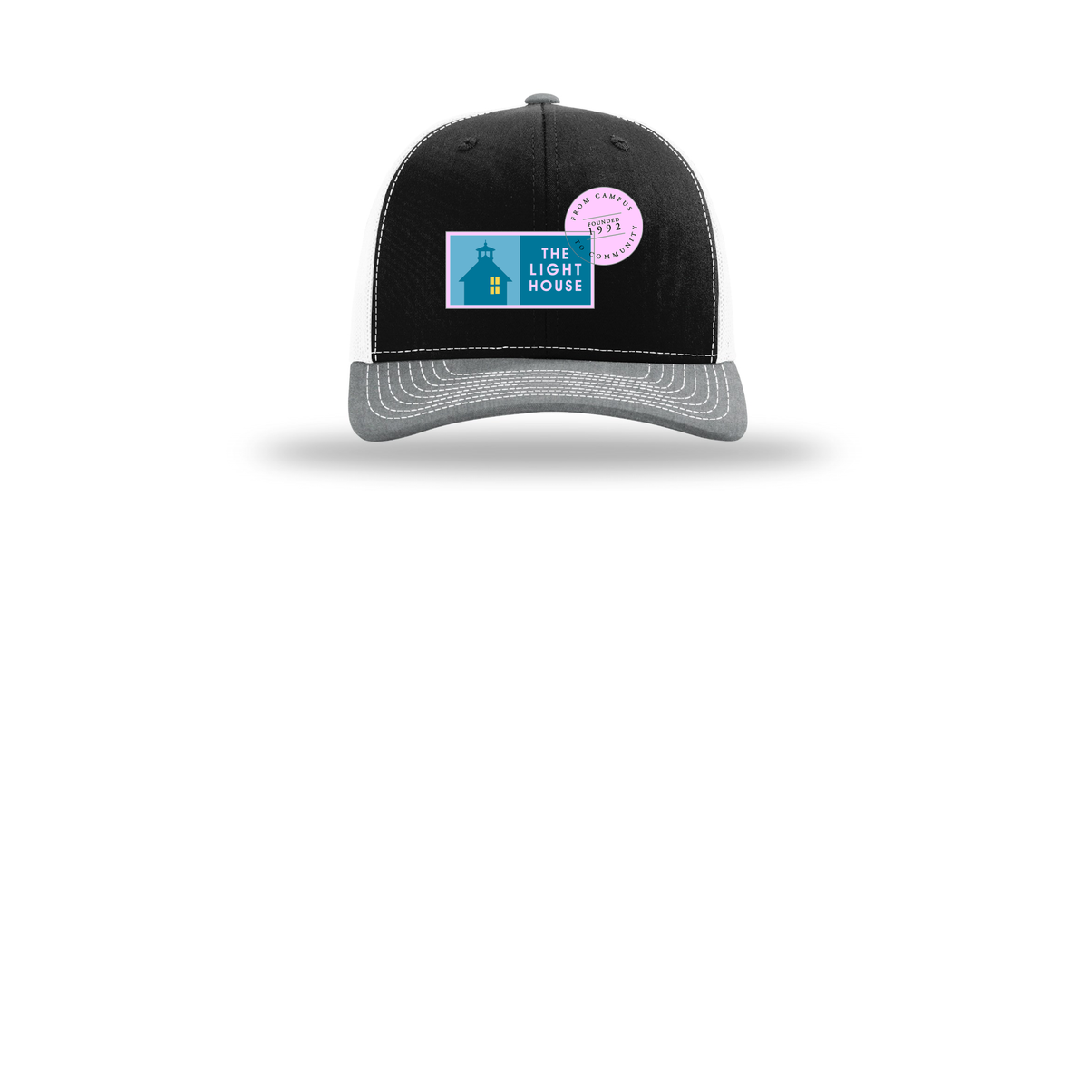 lhcampus-richardson-trucker-cap-embroidery-capfront-R112-blackwhiteheathergrey-flat-front