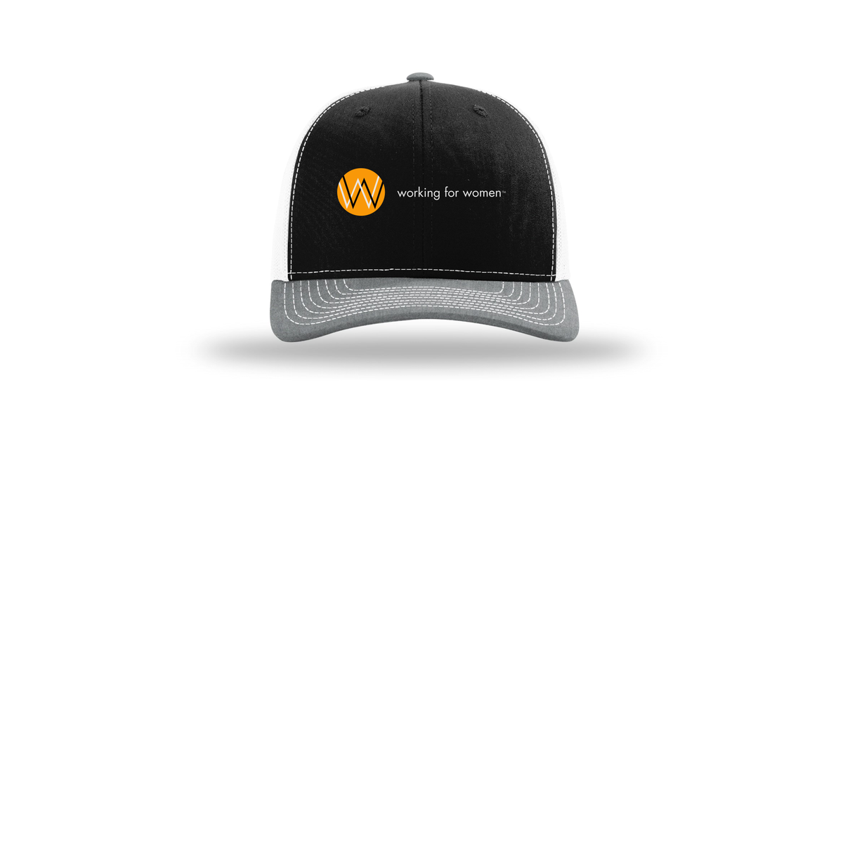 workingforwomen-richardson-trucker-cap-embroidery-capfront-R112-blackwhiteheathergrey-flat-front