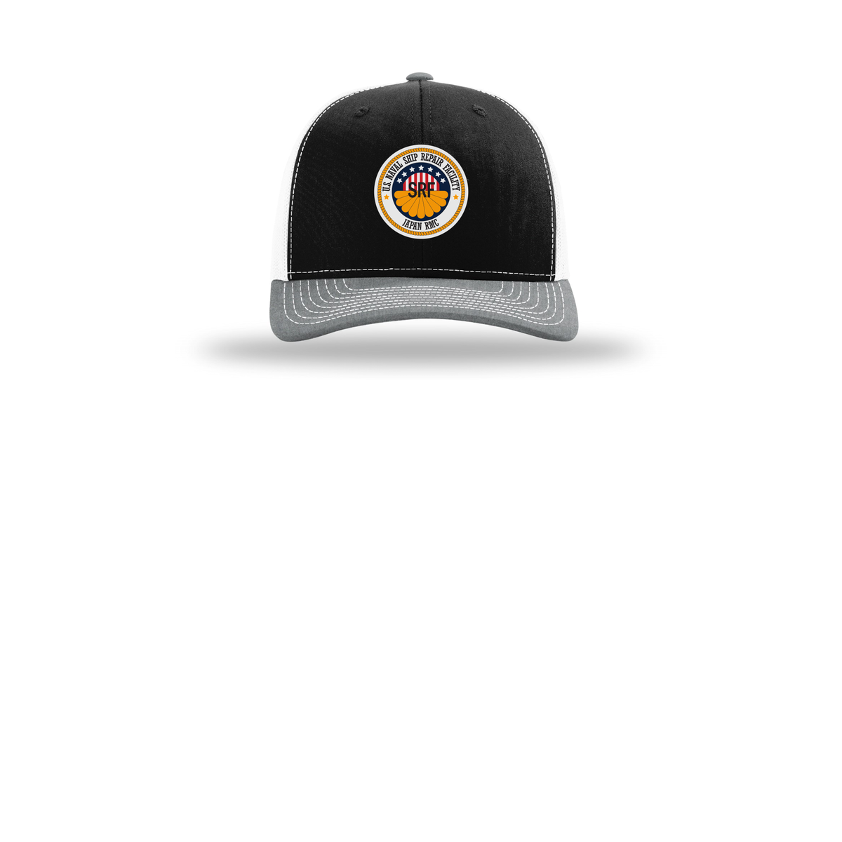 srf-jrmc-richardson-trucker-cap-embroidery-capfront-R112-blackwhiteheathergrey-flat-front
