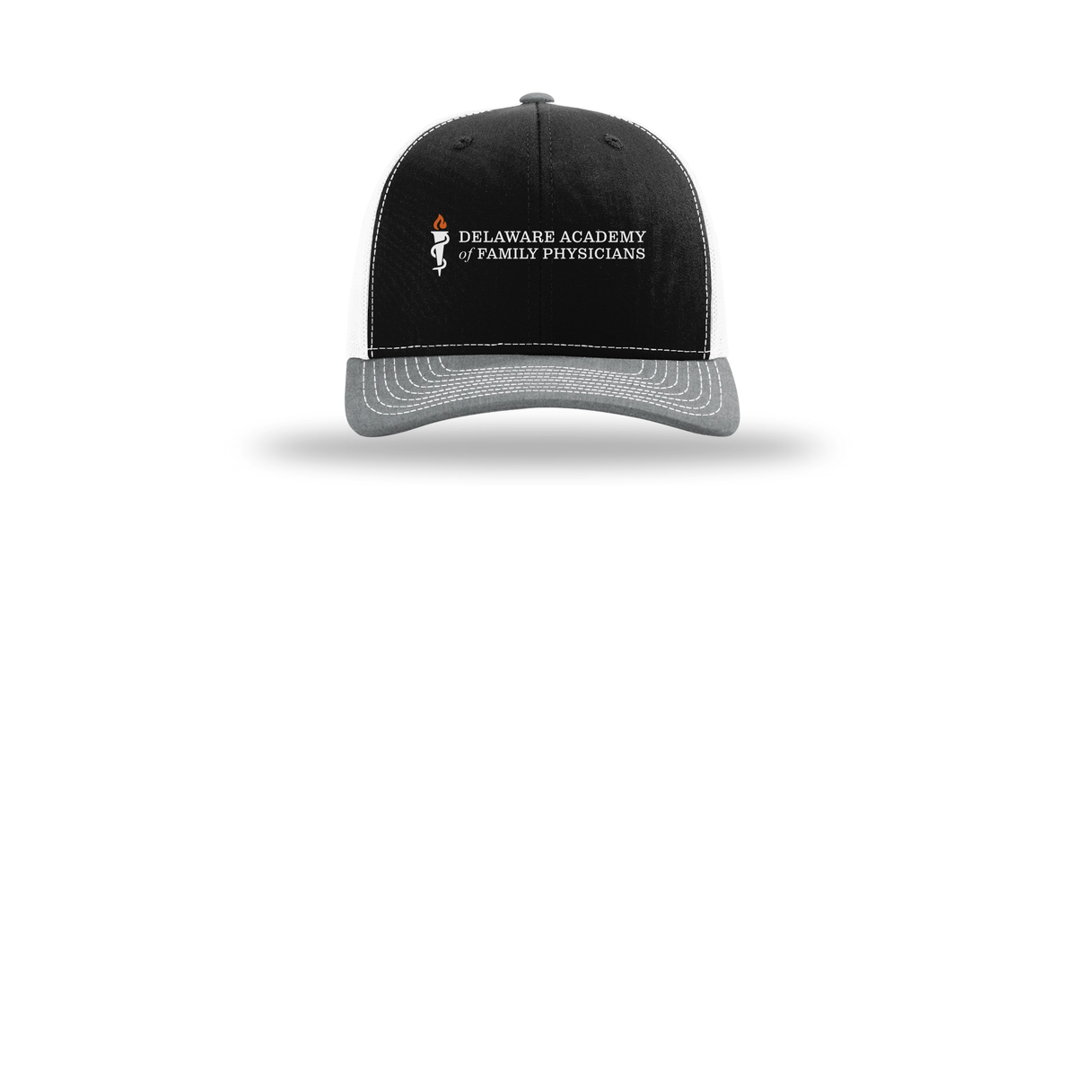 delfamdoc-richardson-trucker-cap-embroidery-capfront-R112-blackwhiteheathergrey-flat-front