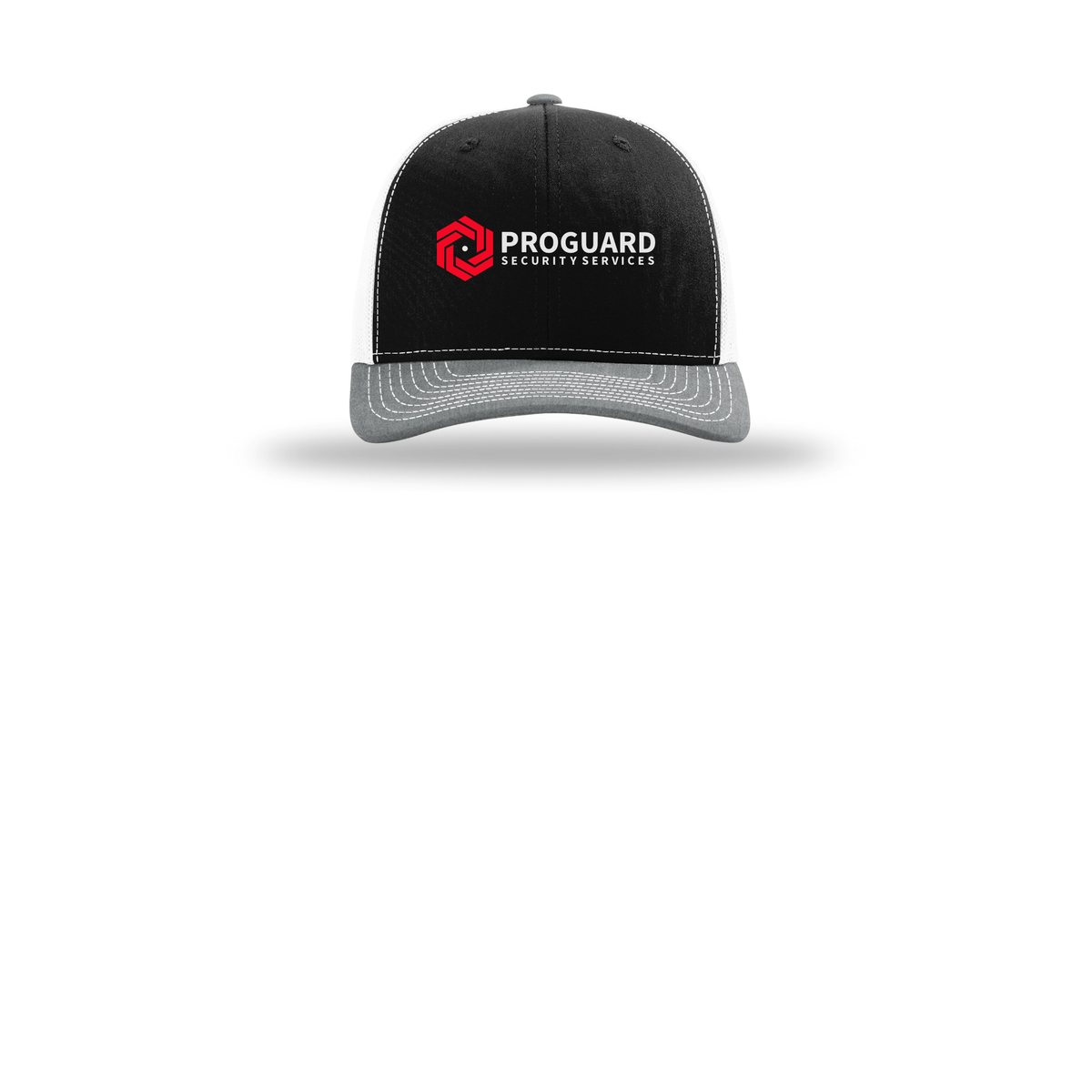 proguardsecurityservices-richardson-trucker-cap-embroidery-capfront-R112-blackwhiteheathergrey-flat-front