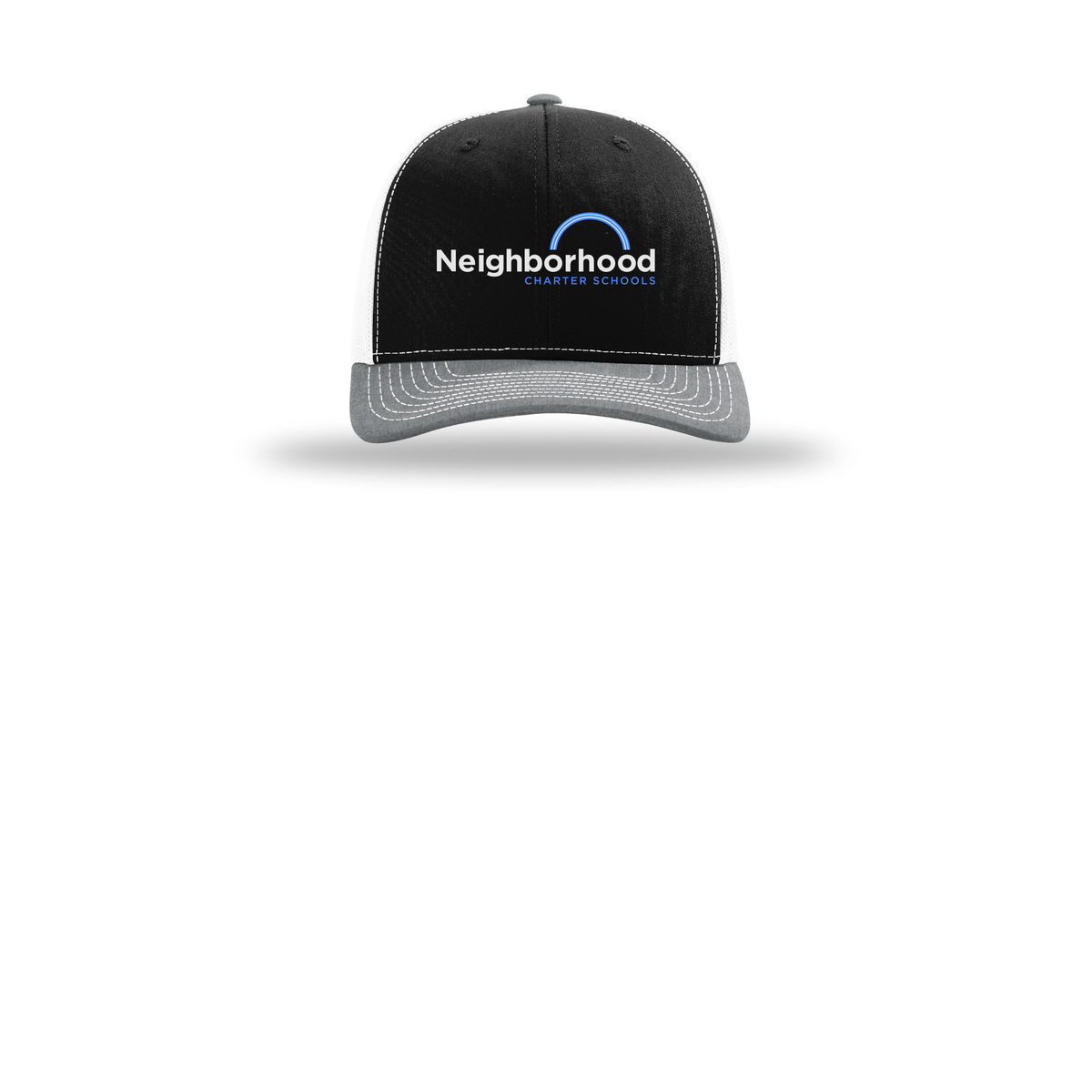 ncschools-richardson-trucker-cap-embroidery-capfront-R112-blackwhiteheathergrey-flat-front