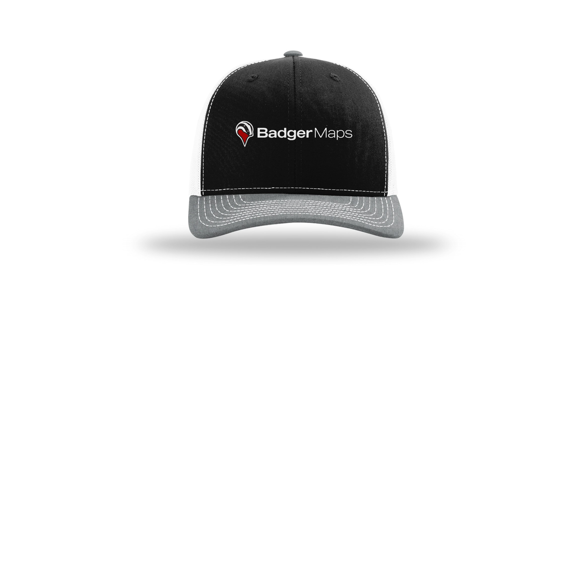 badgermapping-richardson-trucker-cap-embroidery-capfront-R112-blackwhiteheathergrey-flat-front