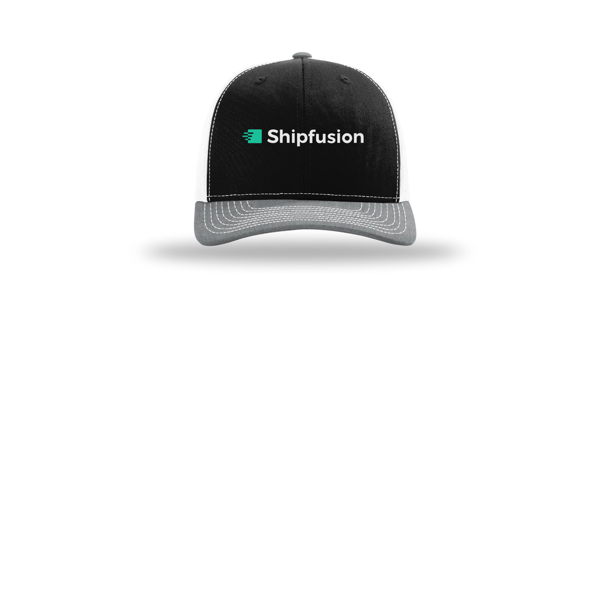 shipfusion-richardson-trucker-cap-embroidery-capfront-R112-blackwhiteheathergrey-flat-front