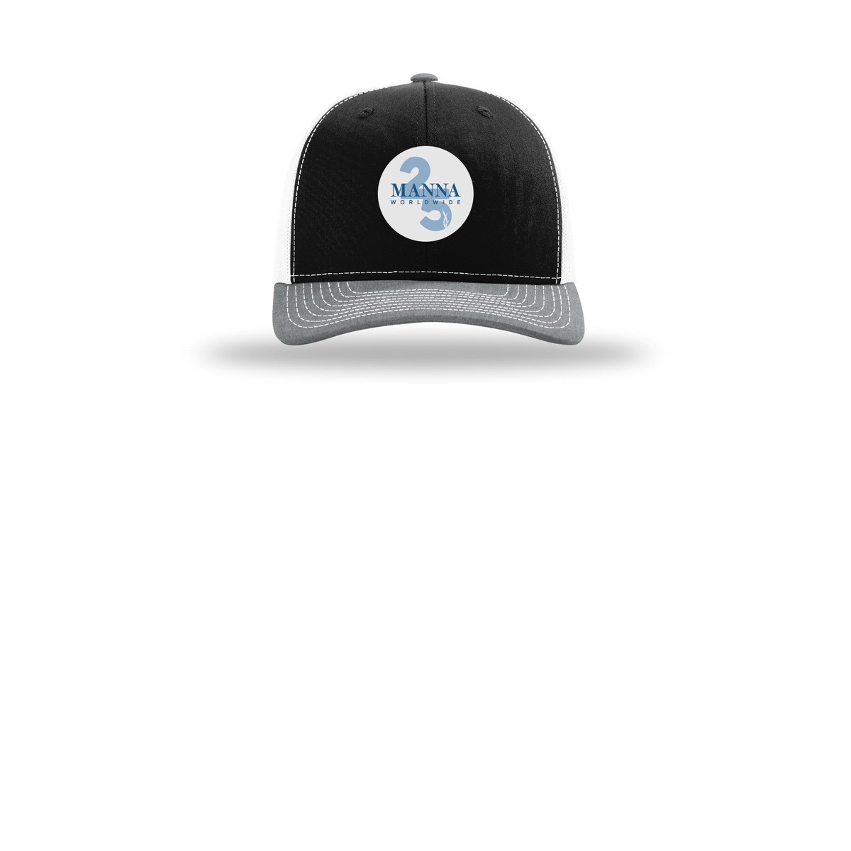 mannaworldwide-richardson-trucker-cap-embroidery-capfront-R112-blackwhiteheathergrey-flat-front