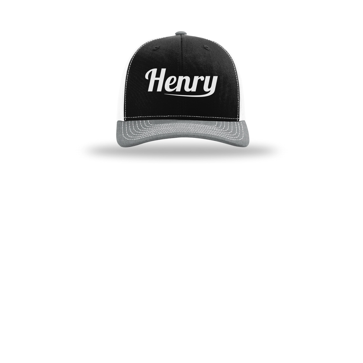 henrymeds-richardson-trucker-cap-embroidery-capfront-R112-blackwhiteheathergrey-flat-front