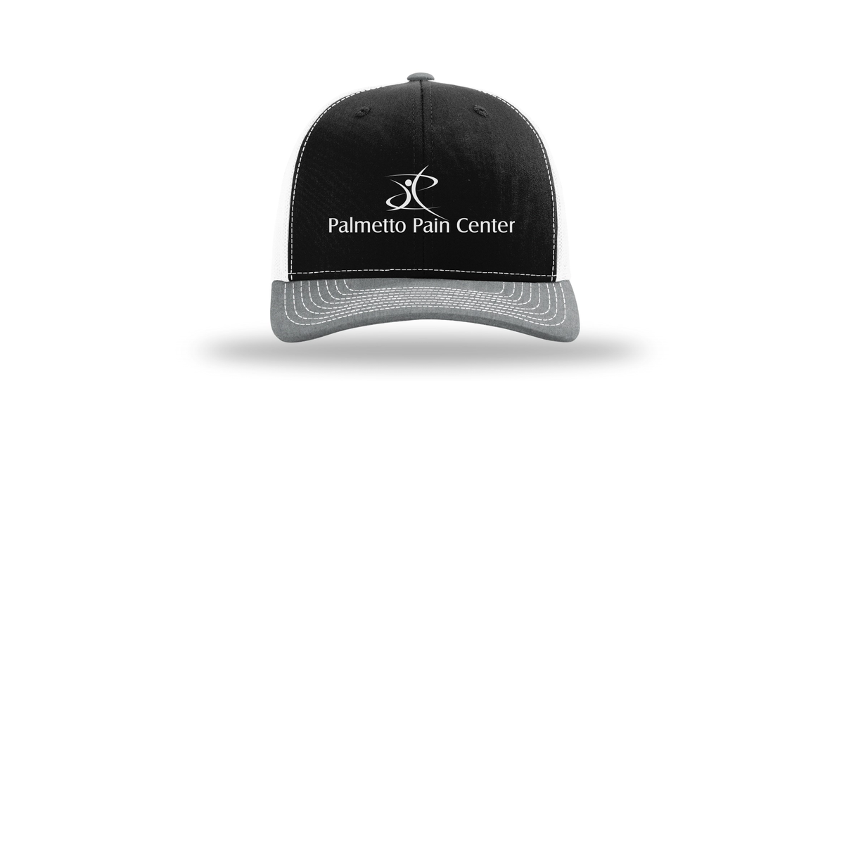 palmetto-pain-center-richardson-trucker-cap-embroidery-capfront-R112-blackwhiteheathergrey-flat-front