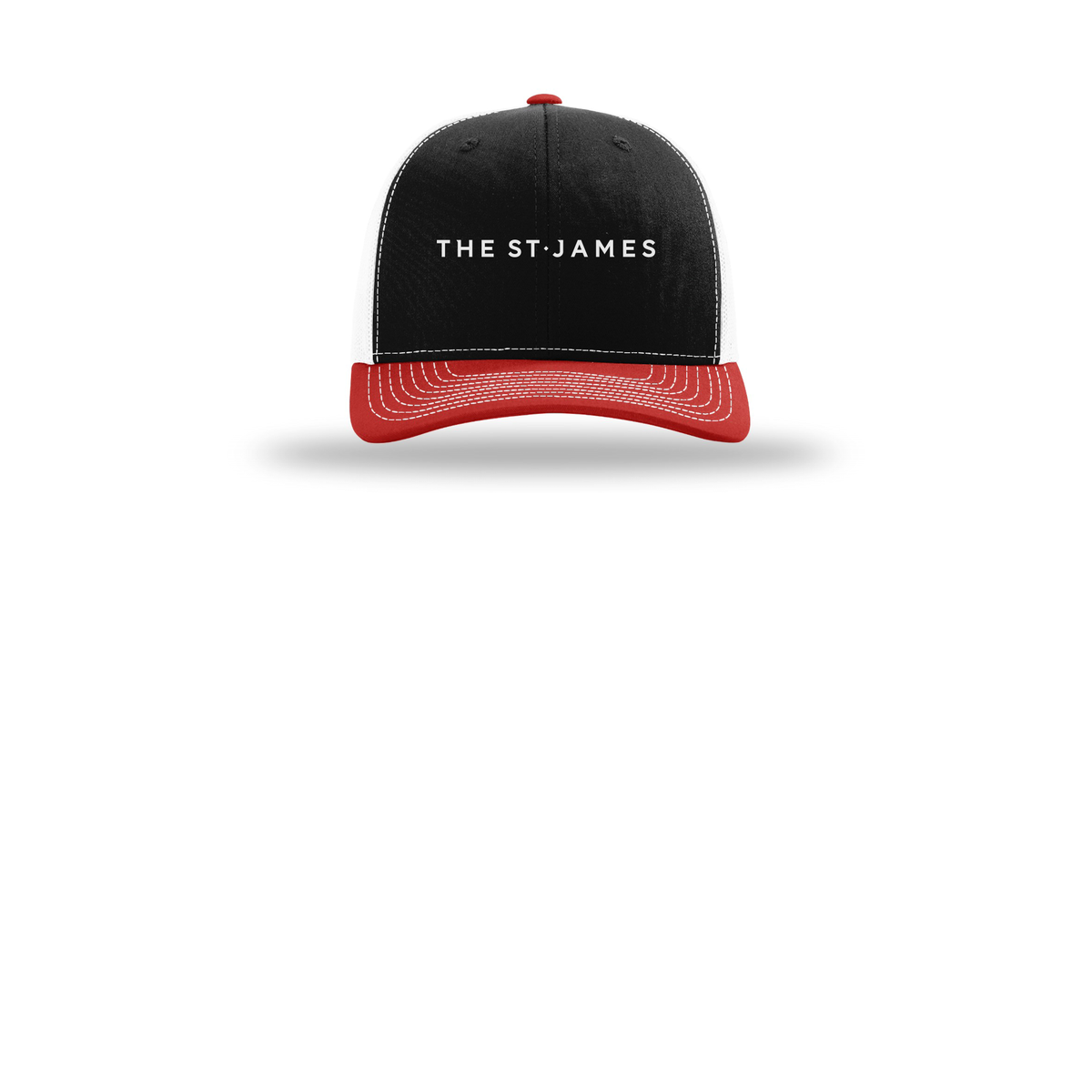 thestjames-richardson-trucker-cap-embroidery-capfront-R112-blackwhitered-flat-front