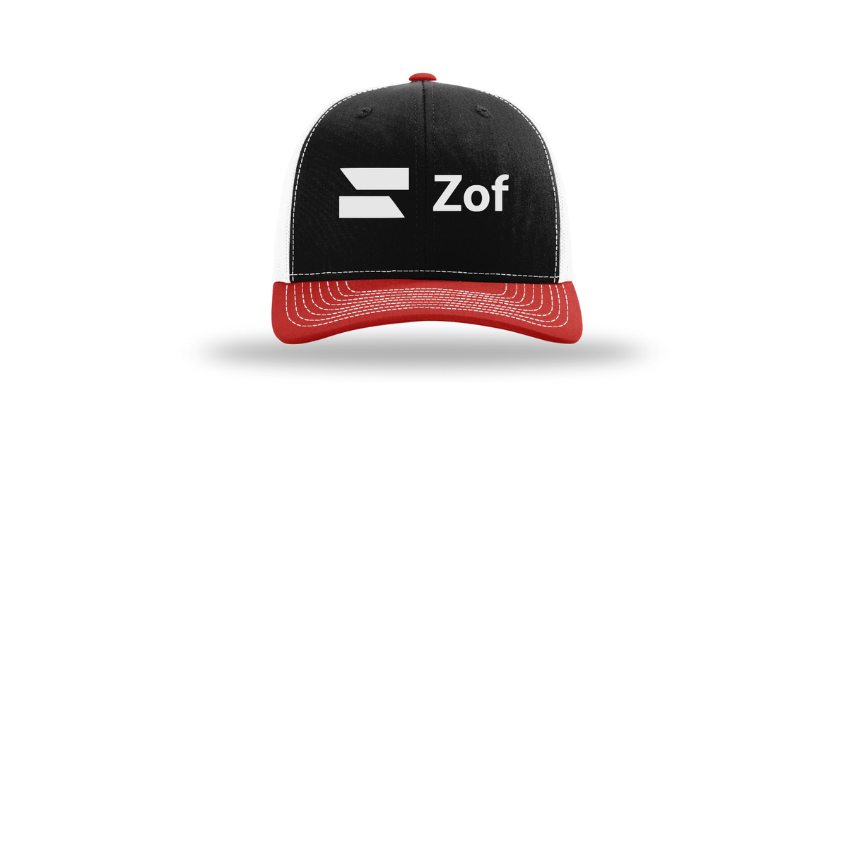 zof-richardson-trucker-cap-embroidery-capfront-R112-blackwhitered-flat-front