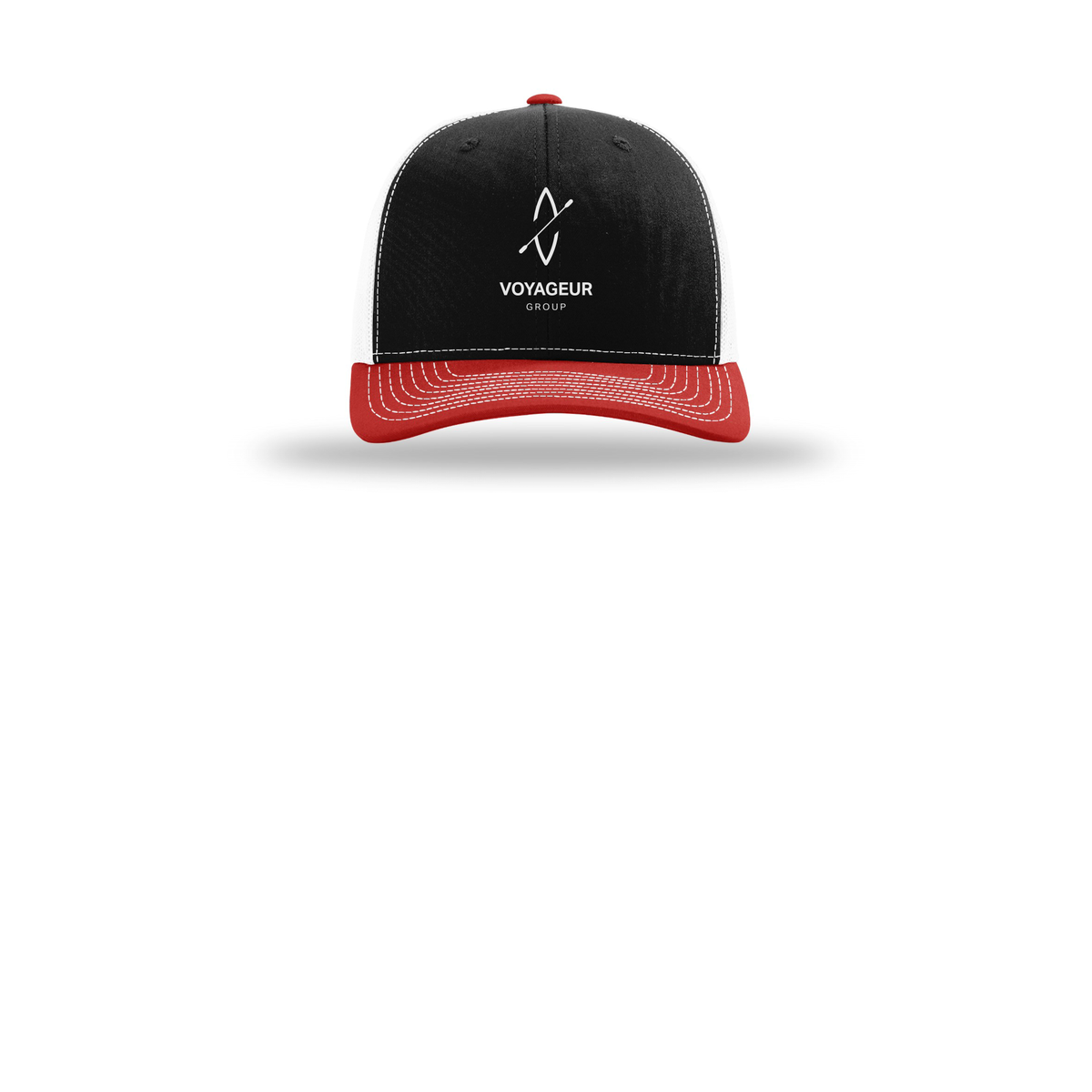 voyageurgroup-richardson-trucker-cap-embroidery-capfront-R112-blackwhitered-flat-front