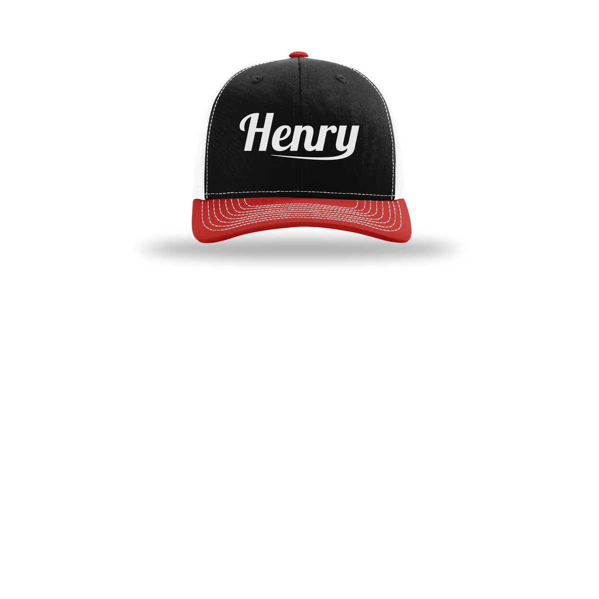 henrymeds-richardson-trucker-cap-embroidery-capfront-R112-blackwhitered-flat-front
