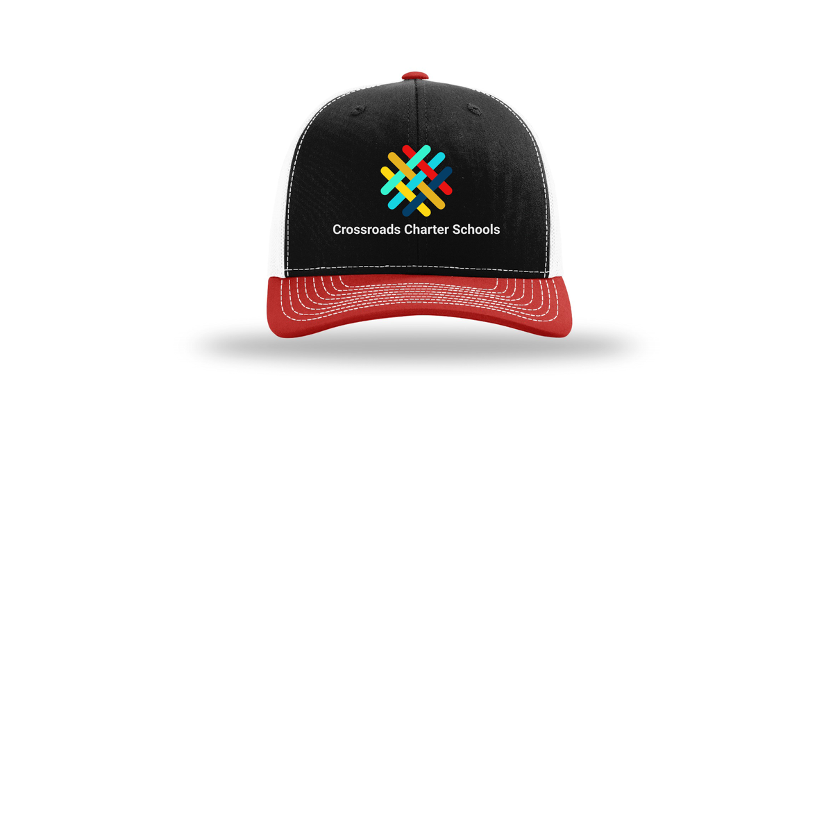 crossroadsschoolskc-richardson-trucker-cap-embroidery-capfront-R112-blackwhitered-flat-front