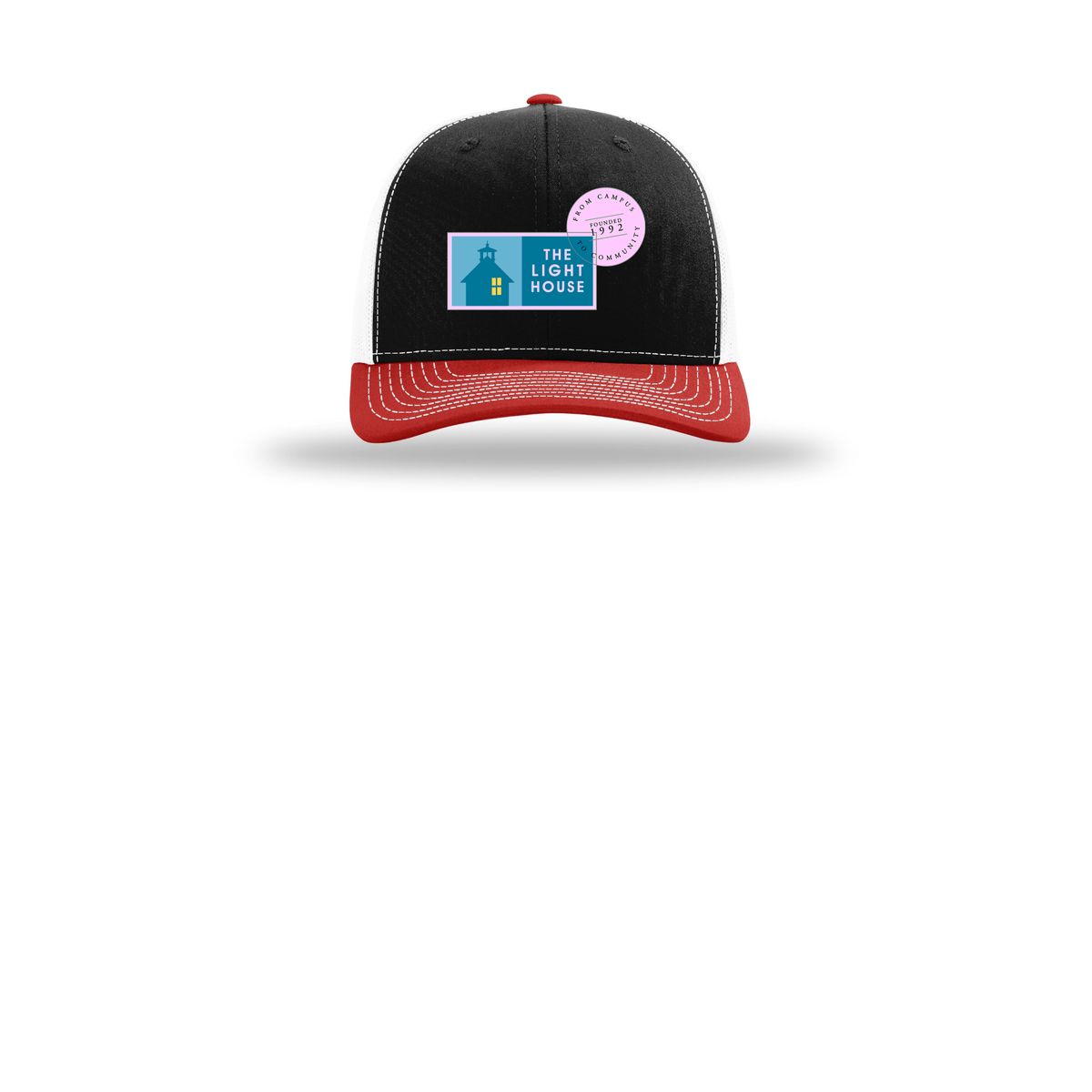 lhcampus-richardson-trucker-cap-embroidery-capfront-R112-blackwhitered-flat-front