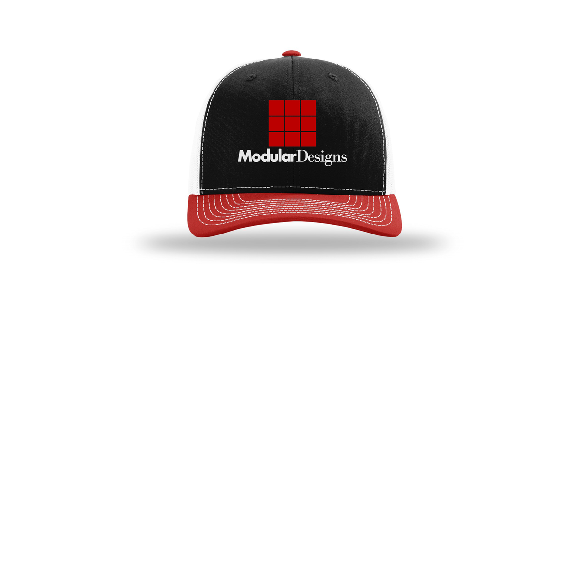 modulardesignsflooring-richardson-trucker-cap-embroidery-capfront-R112-blackwhitered-flat-front