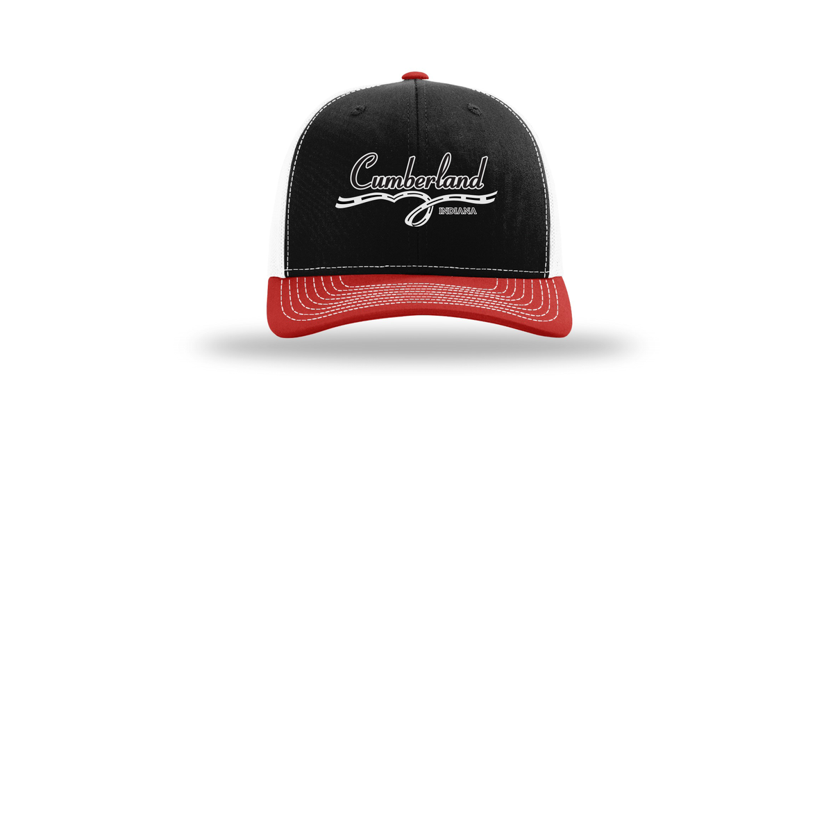 cumberland-richardson-trucker-cap-embroidery-capfront-R112-blackwhitered-flat-front