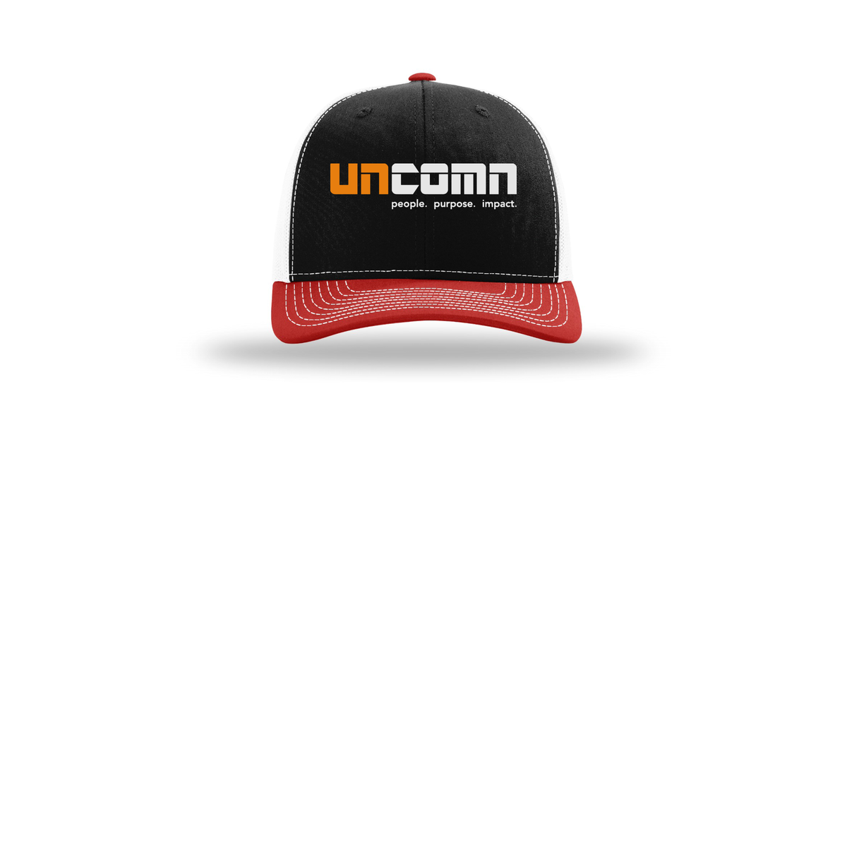 uncomn-richardson-trucker-cap-embroidery-capfront-R112-blackwhitered-flat-front
