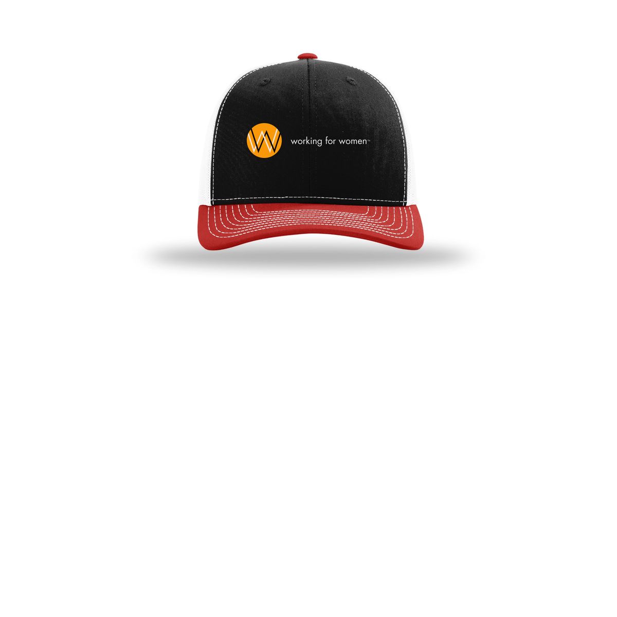 workingforwomen-richardson-trucker-cap-embroidery-capfront-R112-blackwhitered-flat-front