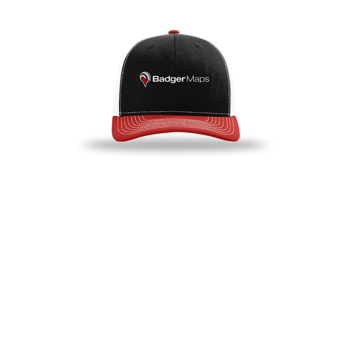 badgermapping-richardson-trucker-cap-embroidery-capfront-R112-blackwhitered-flat-front