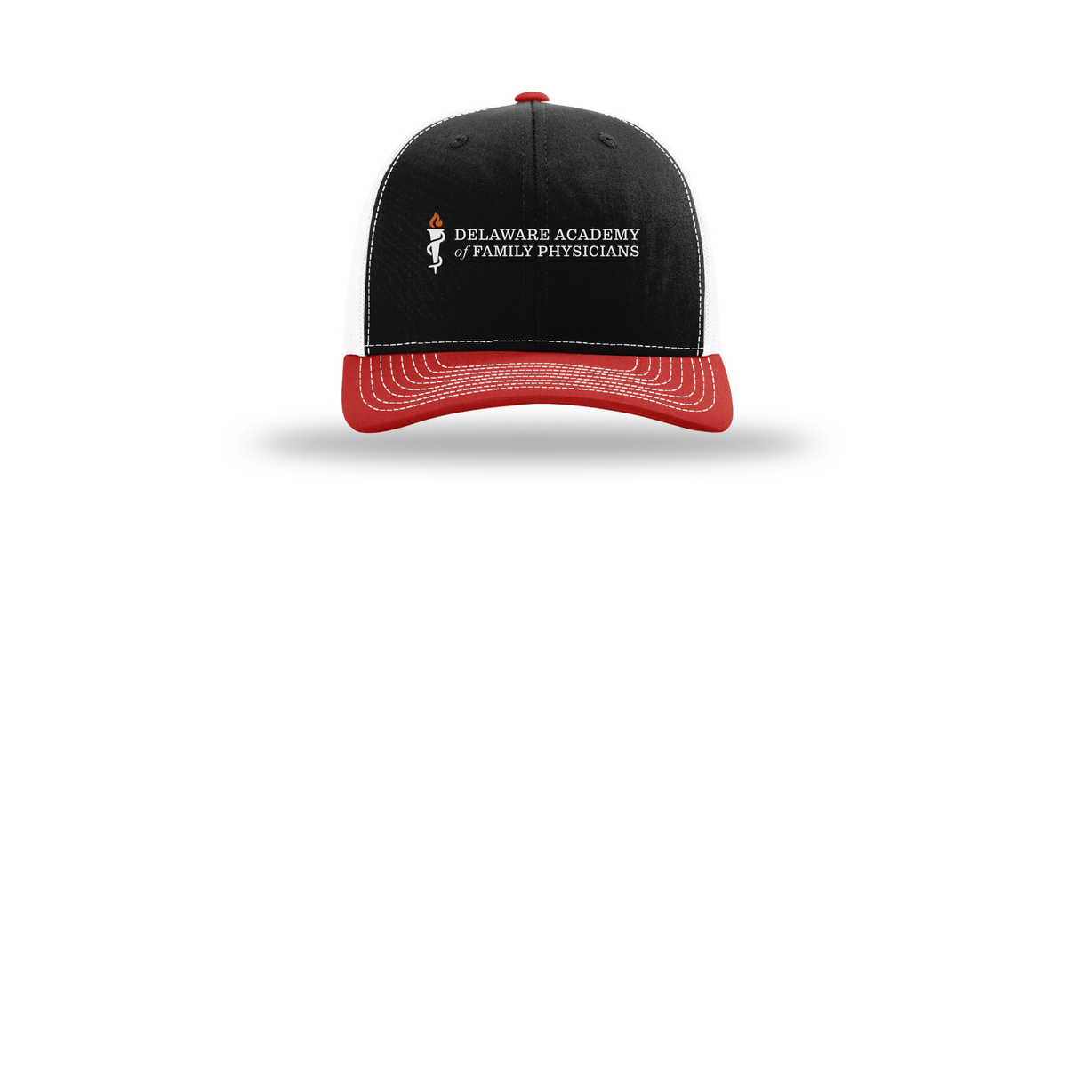 delfamdoc-richardson-trucker-cap-embroidery-capfront-R112-blackwhitered-flat-front