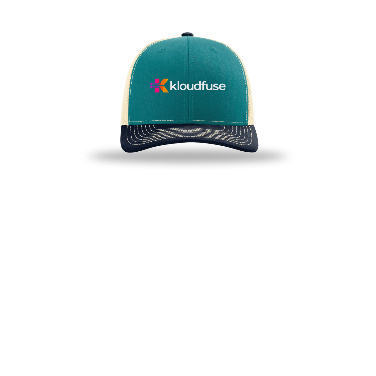 kloudfuse-richardson-trucker-cap-embroidery-capfront-R112-bluetealbirchnavy-flat-front
