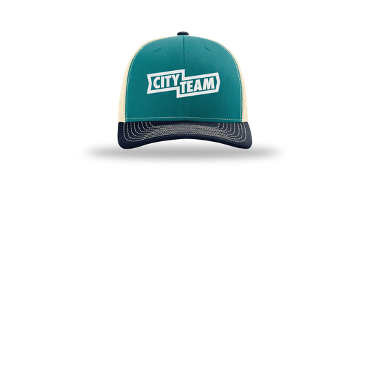 cityteam-richardson-trucker-cap-embroidery-capfront-R112-bluetealbirchnavy-flat-front