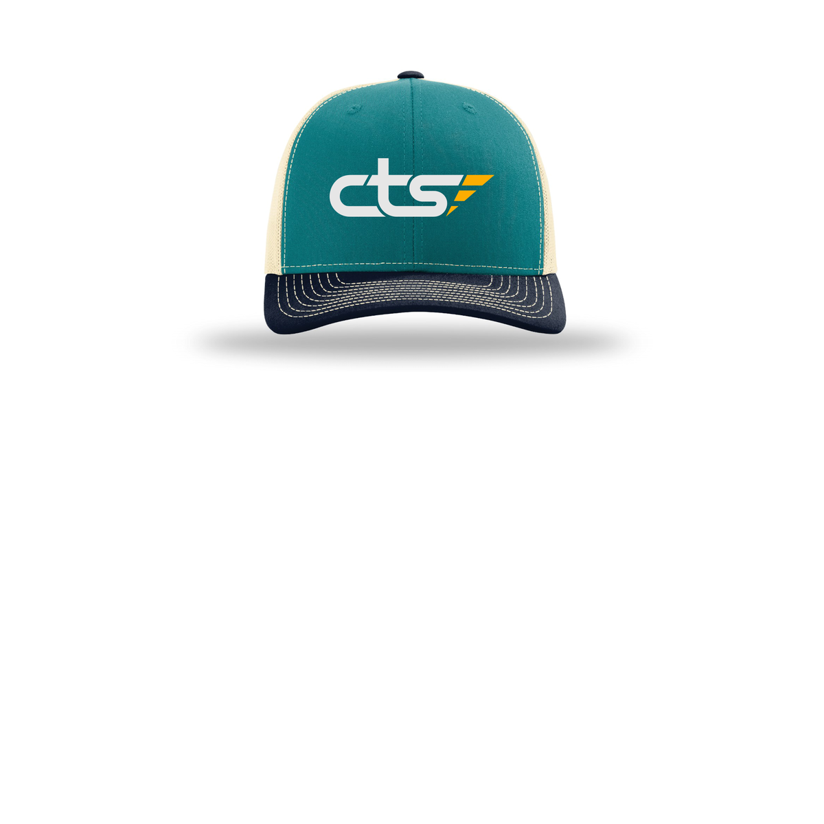cts1-richardson-trucker-cap-embroidery-capfront-R112-bluetealbirchnavy-flat-front
