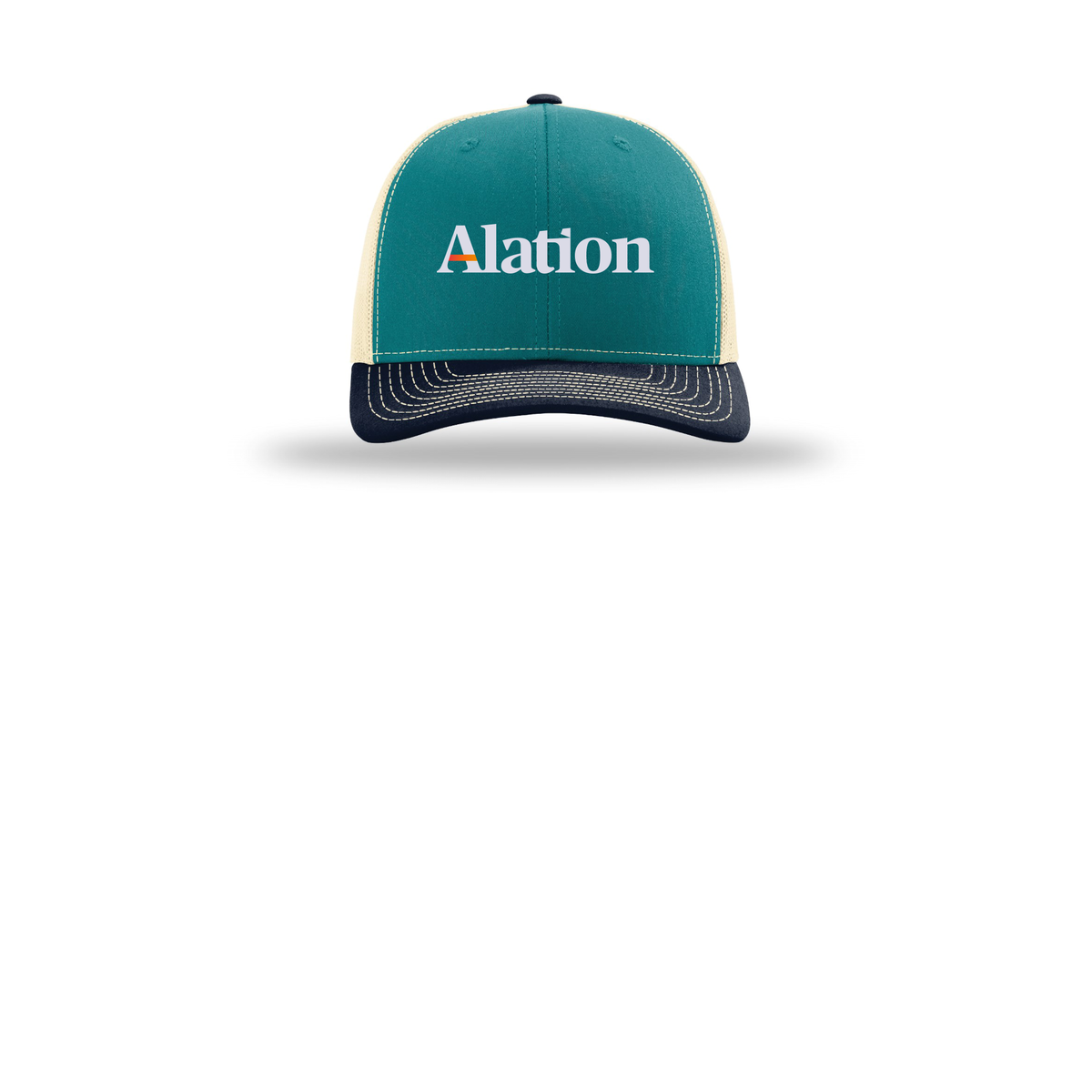 alation-richardson-trucker-cap-embroidery-capfront-R112-bluetealbirchnavy-flat-front