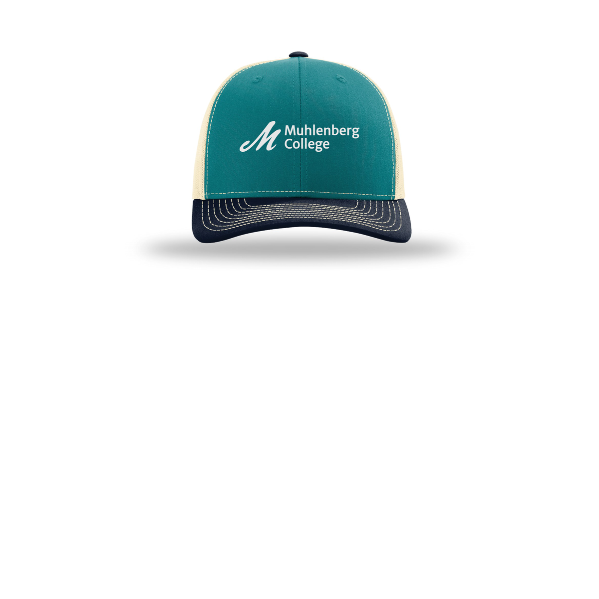 muhlenberg-richardson-trucker-cap-embroidery-capfront-R112-bluetealbirchnavy-flat-front