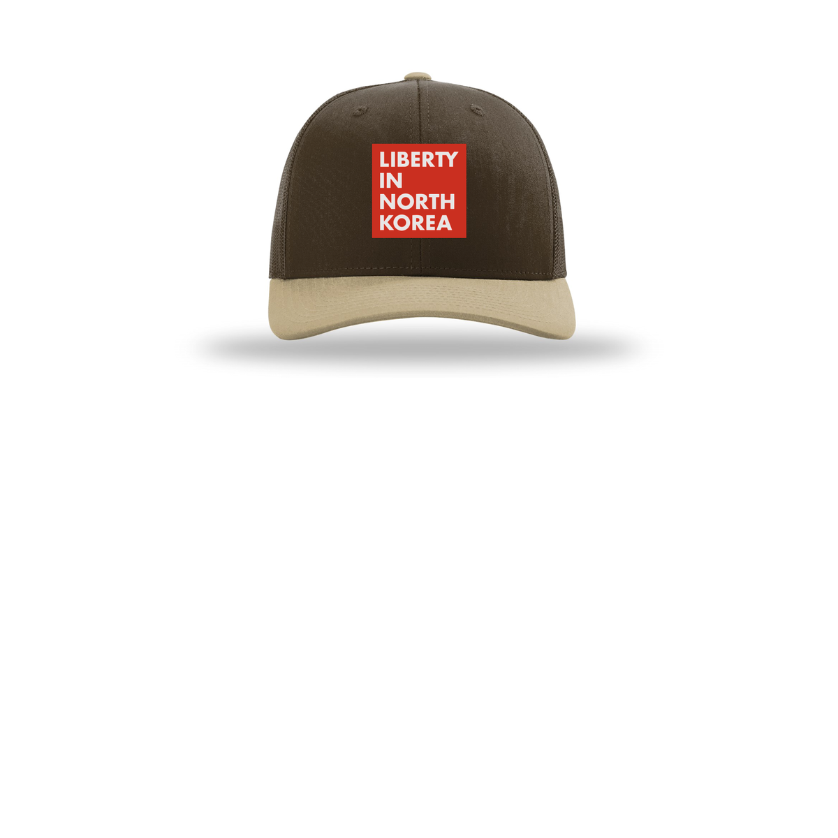 libertyinnorthkorea-richardson-trucker-cap-embroidery-capfront-R112-brownbrownkhaki-flat-front