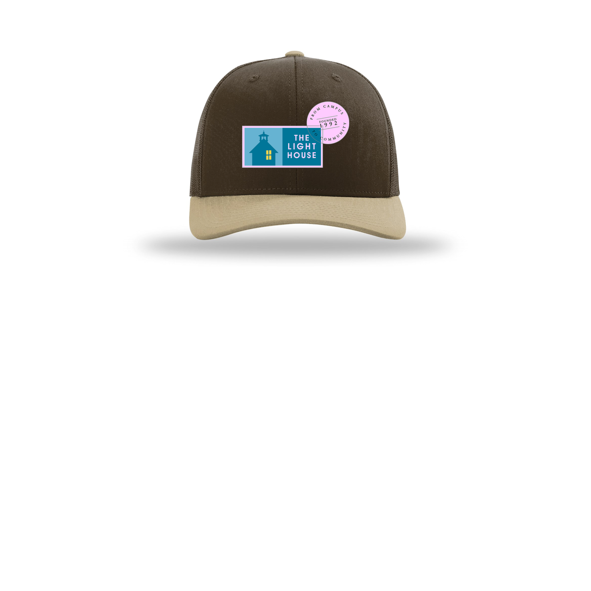lhcampus-richardson-trucker-cap-embroidery-capfront-R112-brownbrownkhaki-flat-front