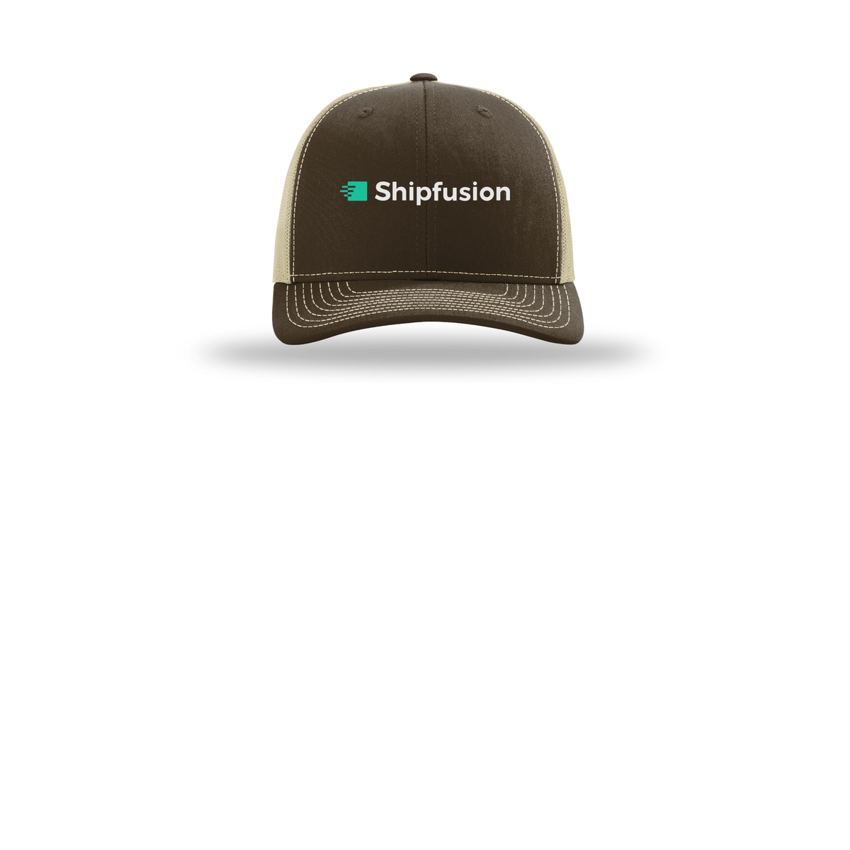 shipfusion-richardson-trucker-cap-embroidery-capfront-R112-brownkhaki-flat-front