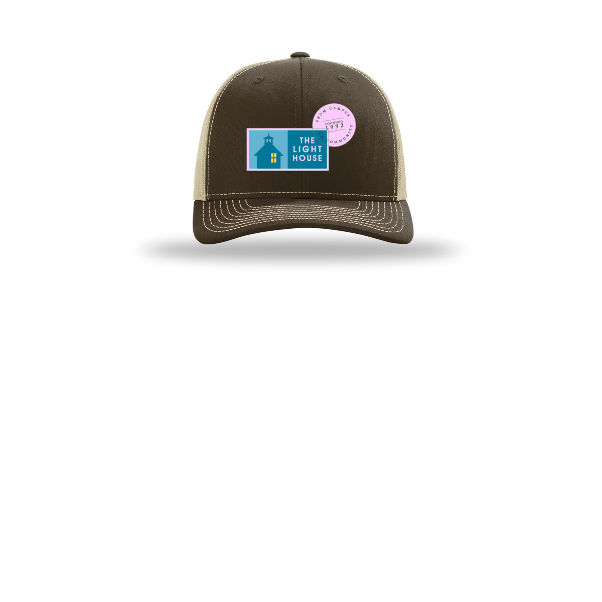 lhcampus-richardson-trucker-cap-embroidery-capfront-R112-brownkhaki-flat-front