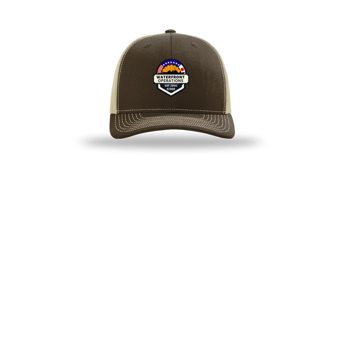 waterfront-operations-retro-trucker-cap-embroidery-capfront-R112-brownkhaki-flat-front