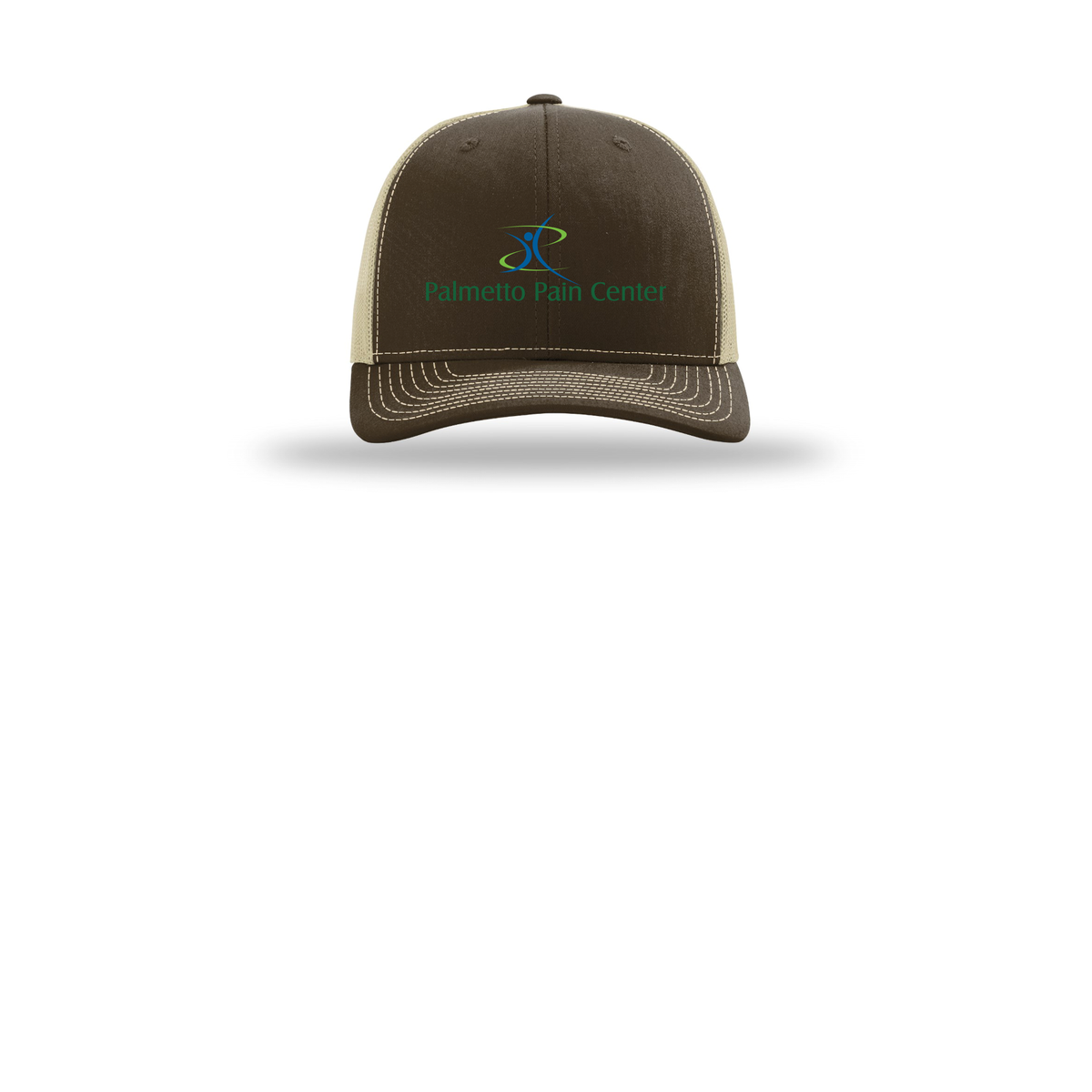 palmetto-pain-center-richardson-trucker-cap-embroidery-capfront-R112-brownkhaki-flat-front