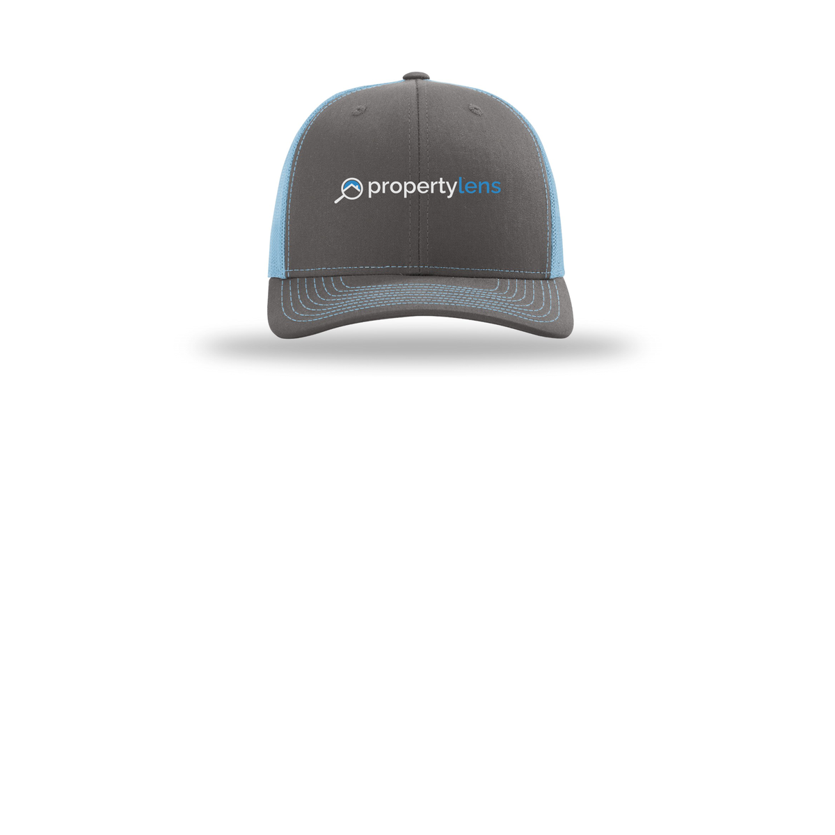 propertylens-richardson-trucker-cap-embroidery-capfront-R112-charcoalcolumbiablue-flat-front