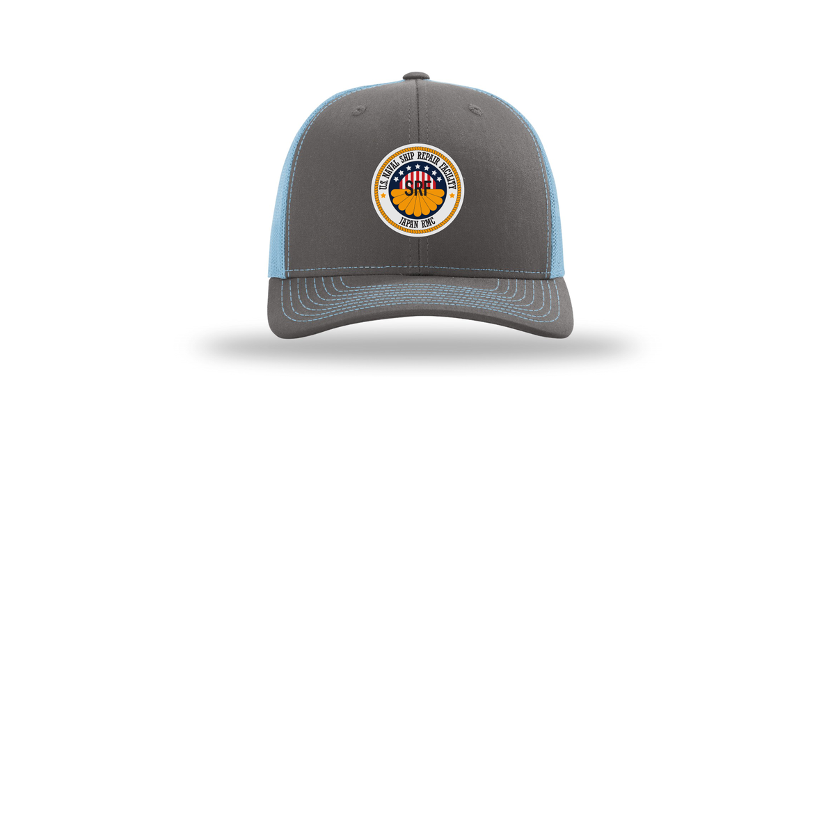 srf-jrmc-richardson-trucker-cap-embroidery-capfront-R112-charcoalcolumbiablue-flat-front