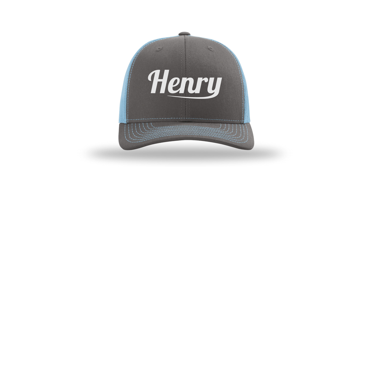 henrymeds-richardson-trucker-cap-embroidery-capfront-R112-charcoalcolumbiablue-flat-front
