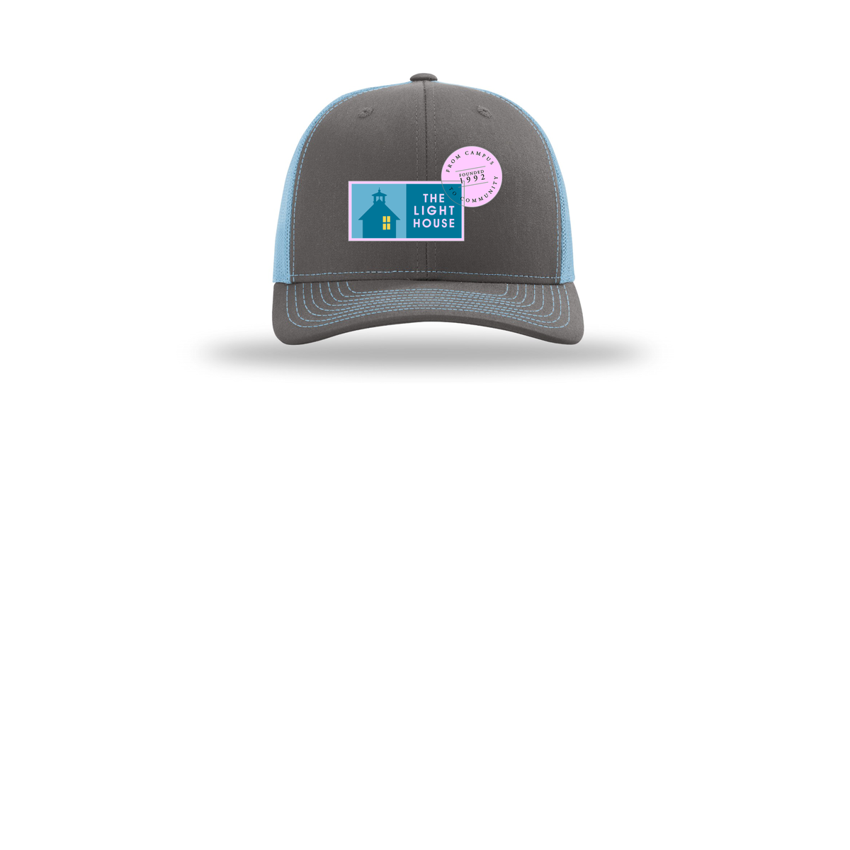 lhcampus-richardson-trucker-cap-embroidery-capfront-R112-charcoalcolumbiablue-flat-front