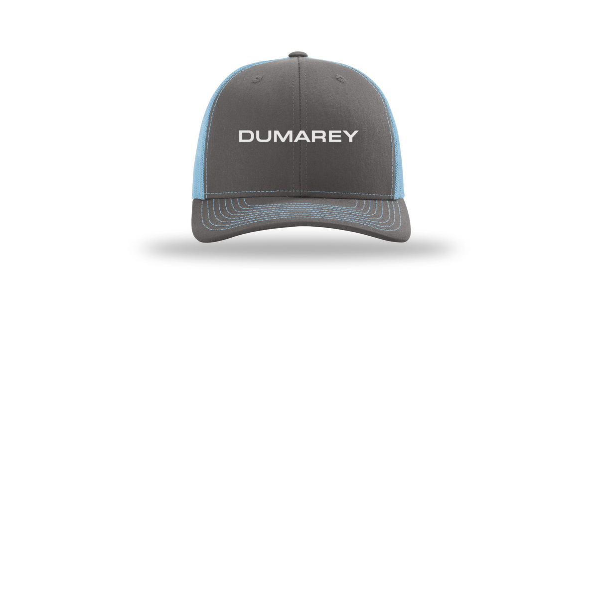 dumarey-richardson-trucker-cap-embroidery-capfront-R112-charcoalcolumbiablue-flat-front